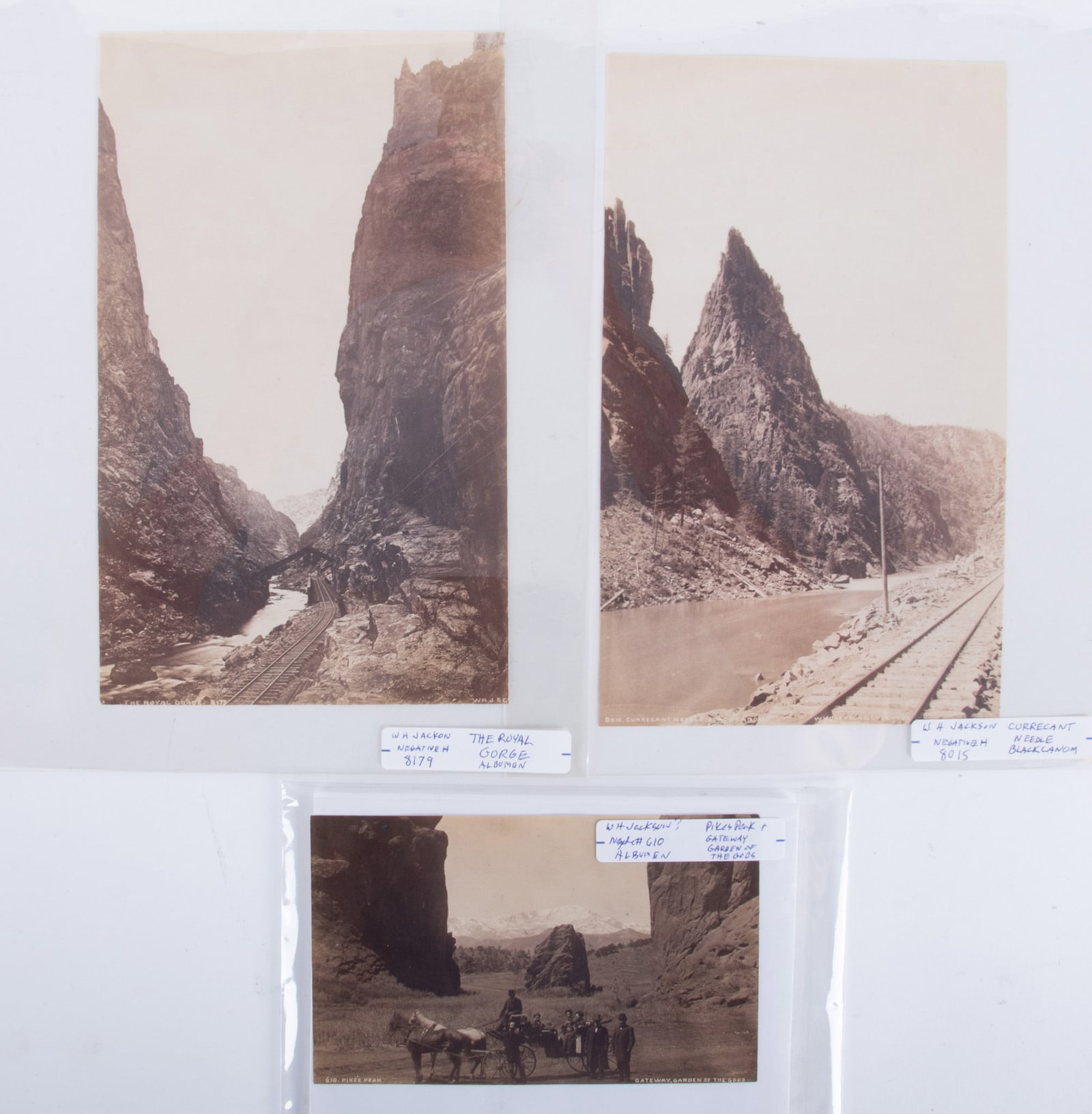 William Henry Jackson, American (1843-1942), Three Mountain Landscapes: Pike's Peak and Gateway: William Henry Jackson American, (1843-1942) Three Mountain Landscapes: Pike's Peak and Gateway Garden of the Gods, neg. #610; The Royal Gorge, neg. #8179; and Currecant Needle, Black Canyon, neg. 8015