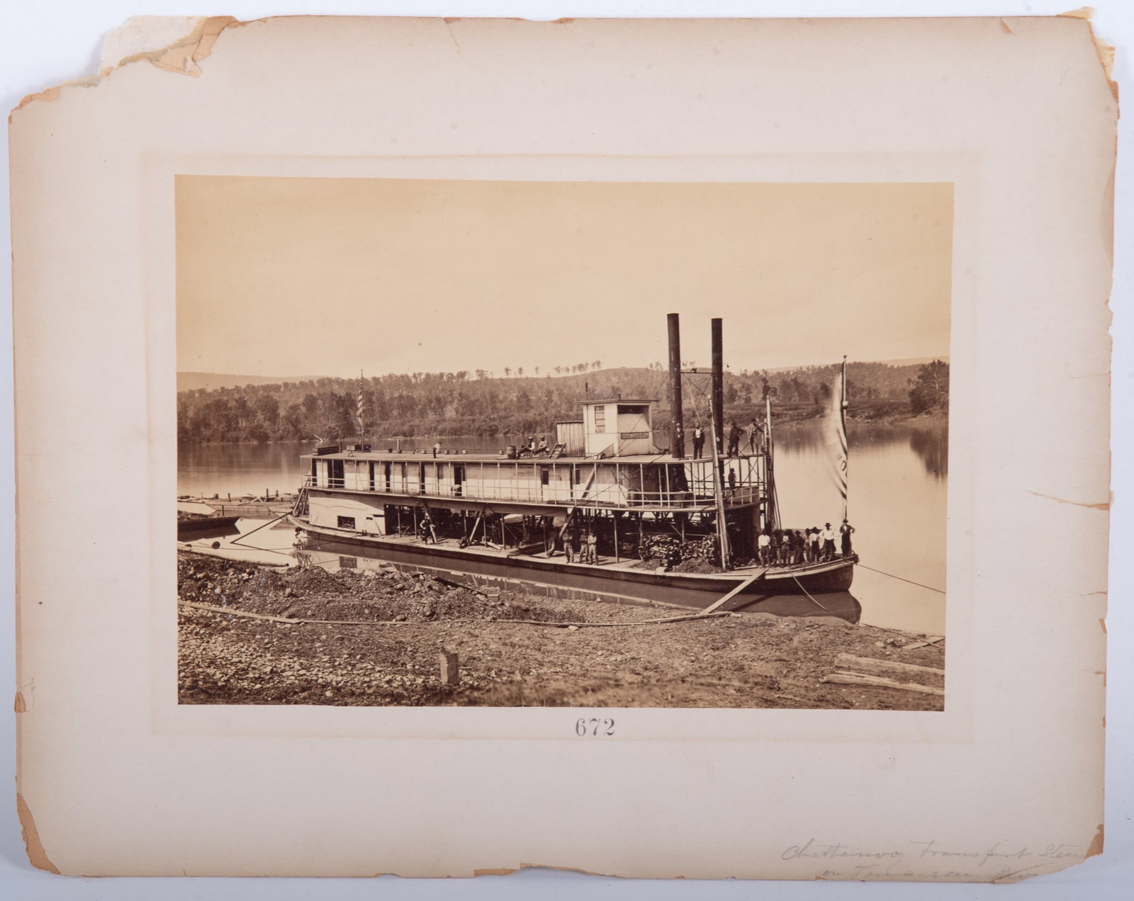 Matthew Brady, Chattanooga Transport Steamer on the Tennessee River, image #672, albumen print: Matthew Brady Chattanooga Transport Steamer on the Tennessee River, image #672 albumen print 6 7/8 x 9 3/4 inches (image); 11 x 14 inches mounted
