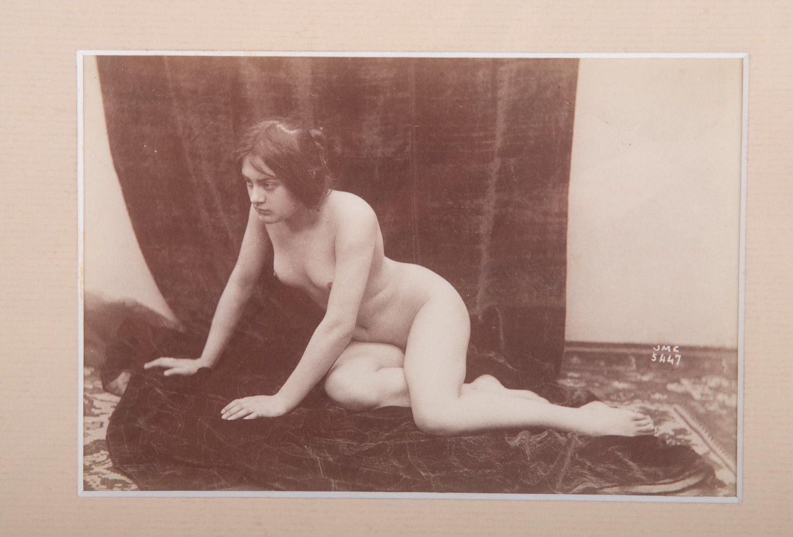 French 19th Century, Nude in an Interior, albumen print: French, 19th Century Nude in an Interior albumen print initialed and numbered J.M.C. 5447 3 3/4 x 5 1/2 inches (image)