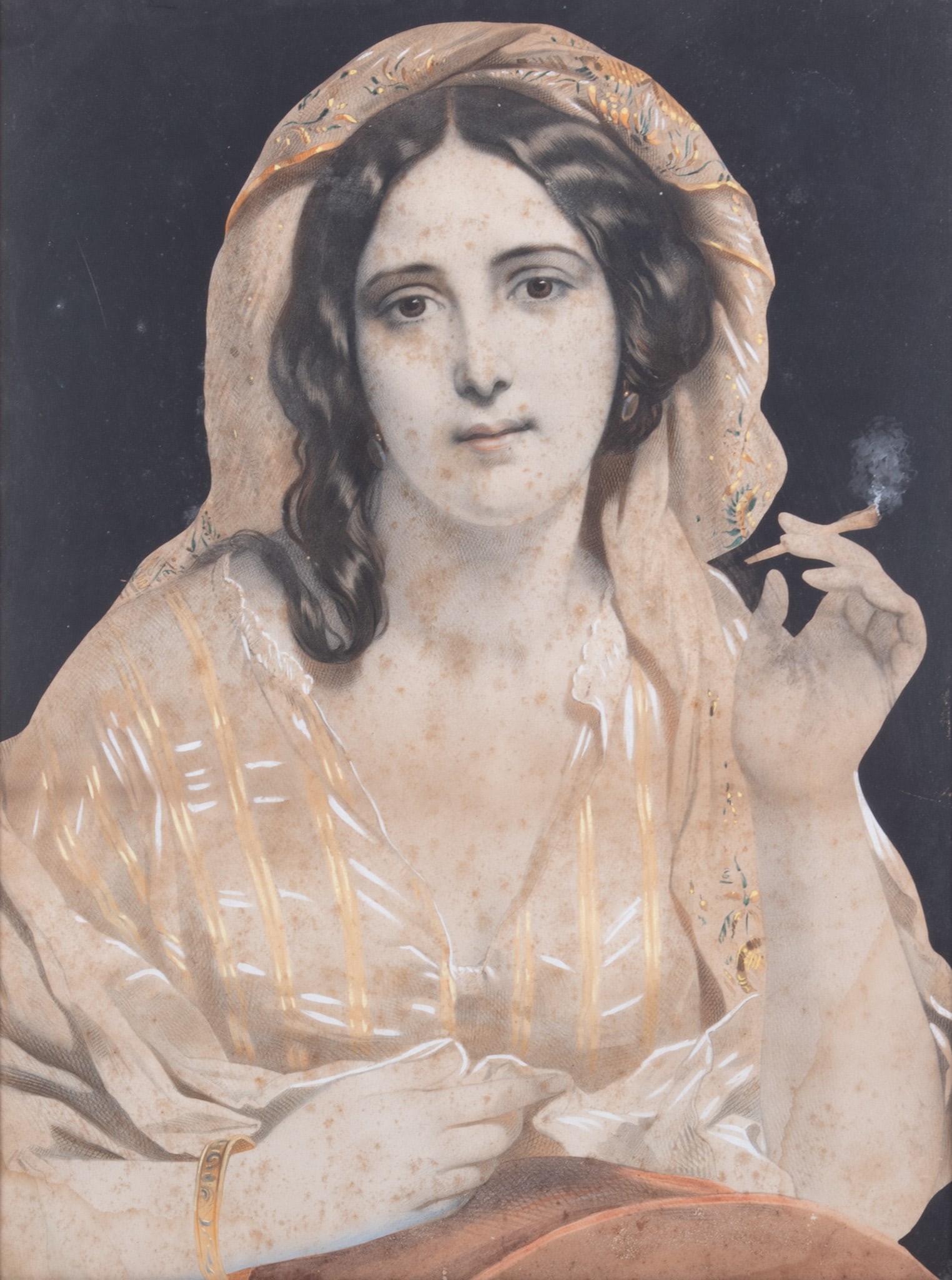 Emile Lassalle, French (1811-1871): Emile Lassalle, French (1811-1871) Veiled Young Woman with a Cigarette in her Hand, hand colored lithograph, in a period giltwood frame. 28 x 21 1/2 inches (overall)