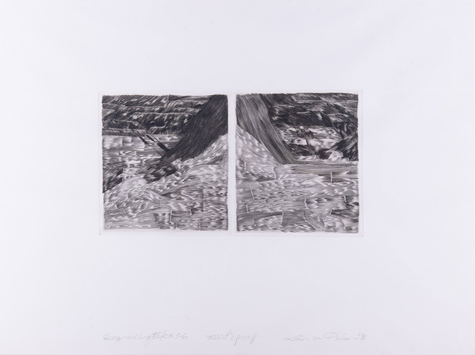 Leon Hicks, American (b. 1933), XIII/C #5-6, engraving: Leon Hicks American, (b. 1933) XIII/C #5-6 engraving Signed lower right in pencil, artist proof, framed 9 x 16 inches (image); 22 3/4 x 30 1/4 inches (overall with frame)