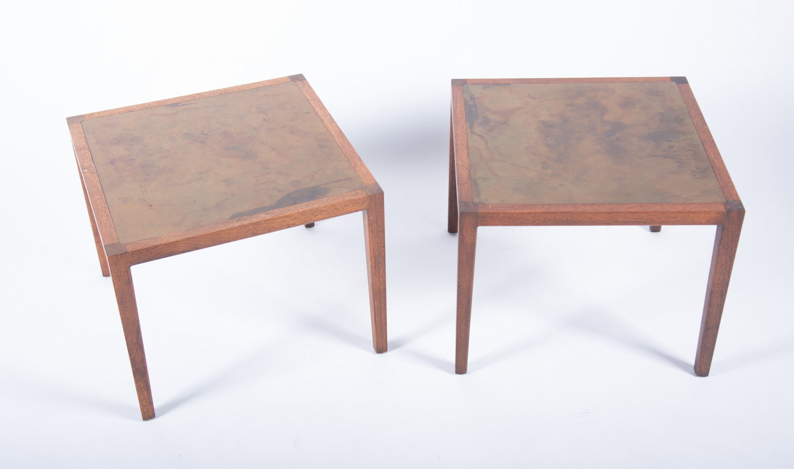 A Pair of Mid-Century Modern Harry Lunstead Copper Inlaid Occasional Tables, Circa 1960s: A Pair of Mid-Century Modern Harry Lunstead Copper Inlaid Occasional Tables, Circa 1960s Top: 20 x 20 inches; Height: 16 1/4 inches