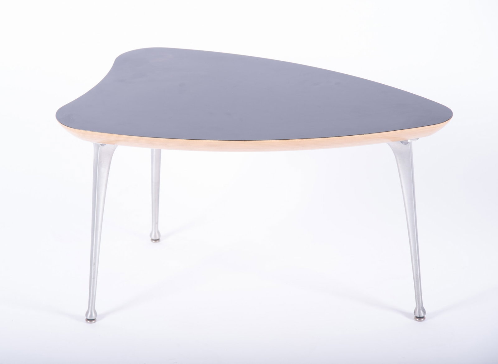 Modernica Modern Coffee Table: Modernica Modern Coffee Table Tripod metal base with triangular black laminate veneered wood top, marked "Modernica Los Angeles" 17 1/2 x 29 1/2 x 19 inches