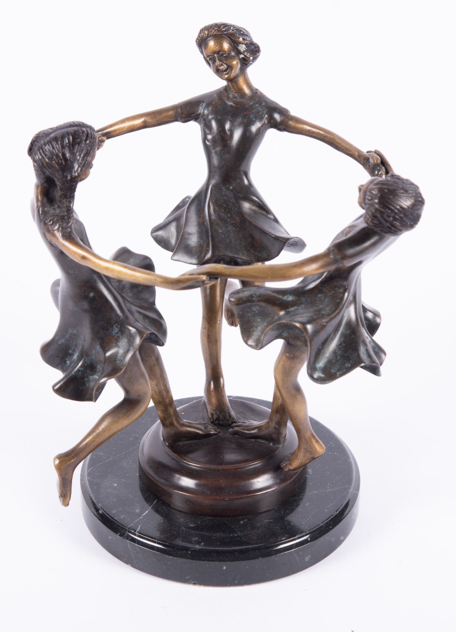 Maitland Smith Brass & Marble Base Dancing Girls: Maitland Smith Brass & Marble Base Dancing Girls Vintage decorative bronze and brass figurine set featuring dynamic female dancers atop a polished marble base. 9 1/4 x 8 x 8 inches