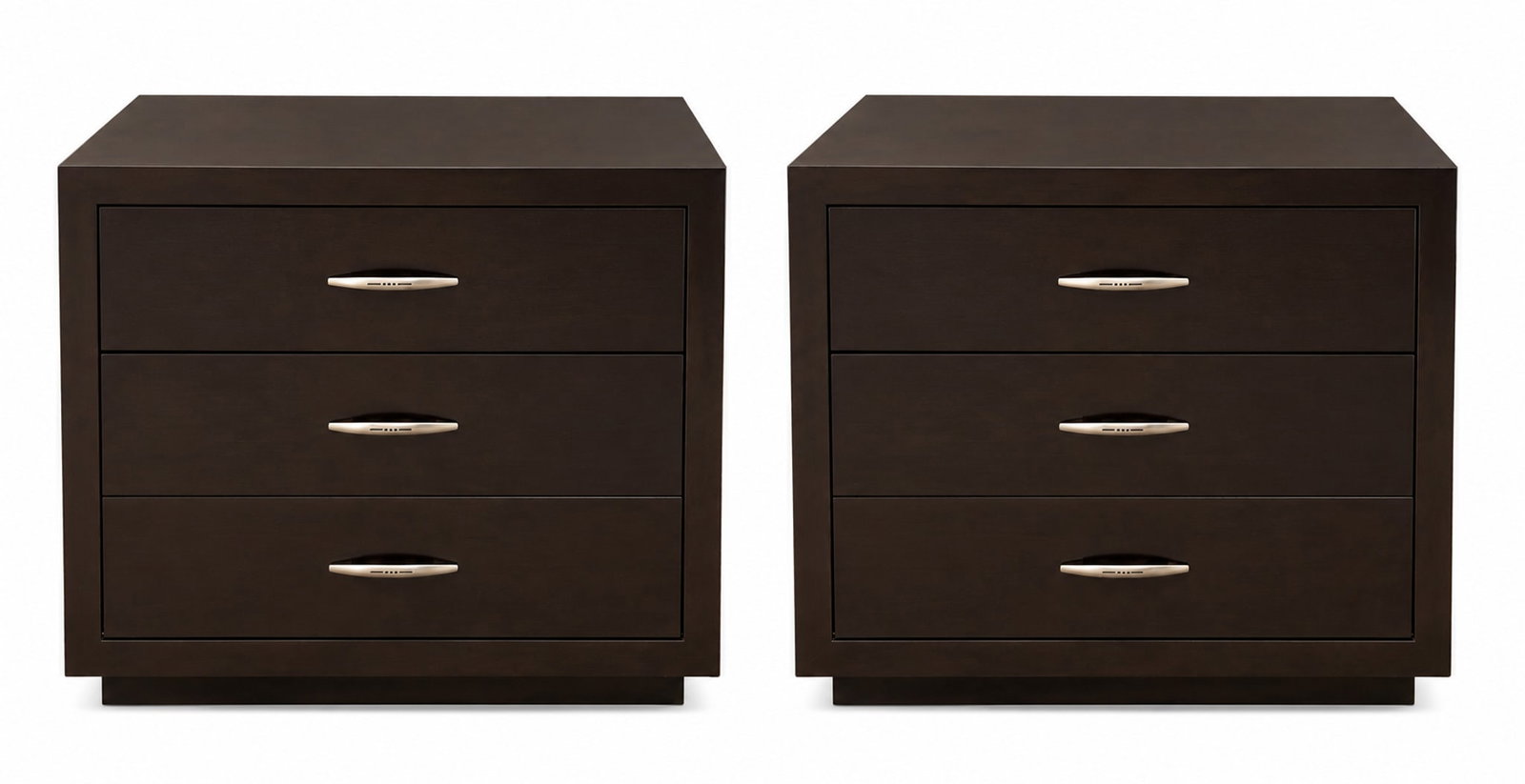 A Pair of Contemporary Rosewood Veneered Three-Drawer Chests: A Pair of Contemporary Rosewood Veneered Three-Drawer Chests Each drawer having shaped handles resting on flat bottoms. 30 x 36 x 20 inches