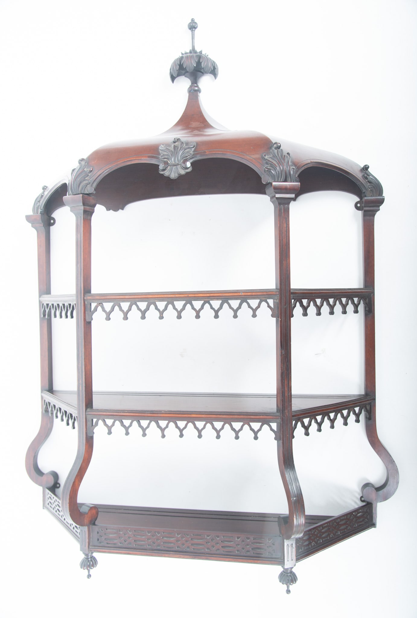 Anglo-Indian Whatnot Shelf: Anglo-Indian Whatnot Shelf Wall-mounted with three shelves Height: 55 inches; Width: 39 inches; Depth: 9 1/2 inches