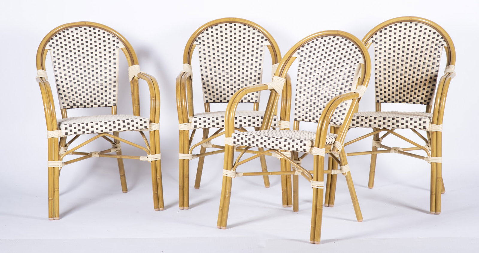 Set Of Four Parisian Bistro Arm Chairs: Set Of Four Parisian Bistro Arm Chairs Arched form woven backs and matching seats. Back height: 35 inches; Seat height: 18 inches