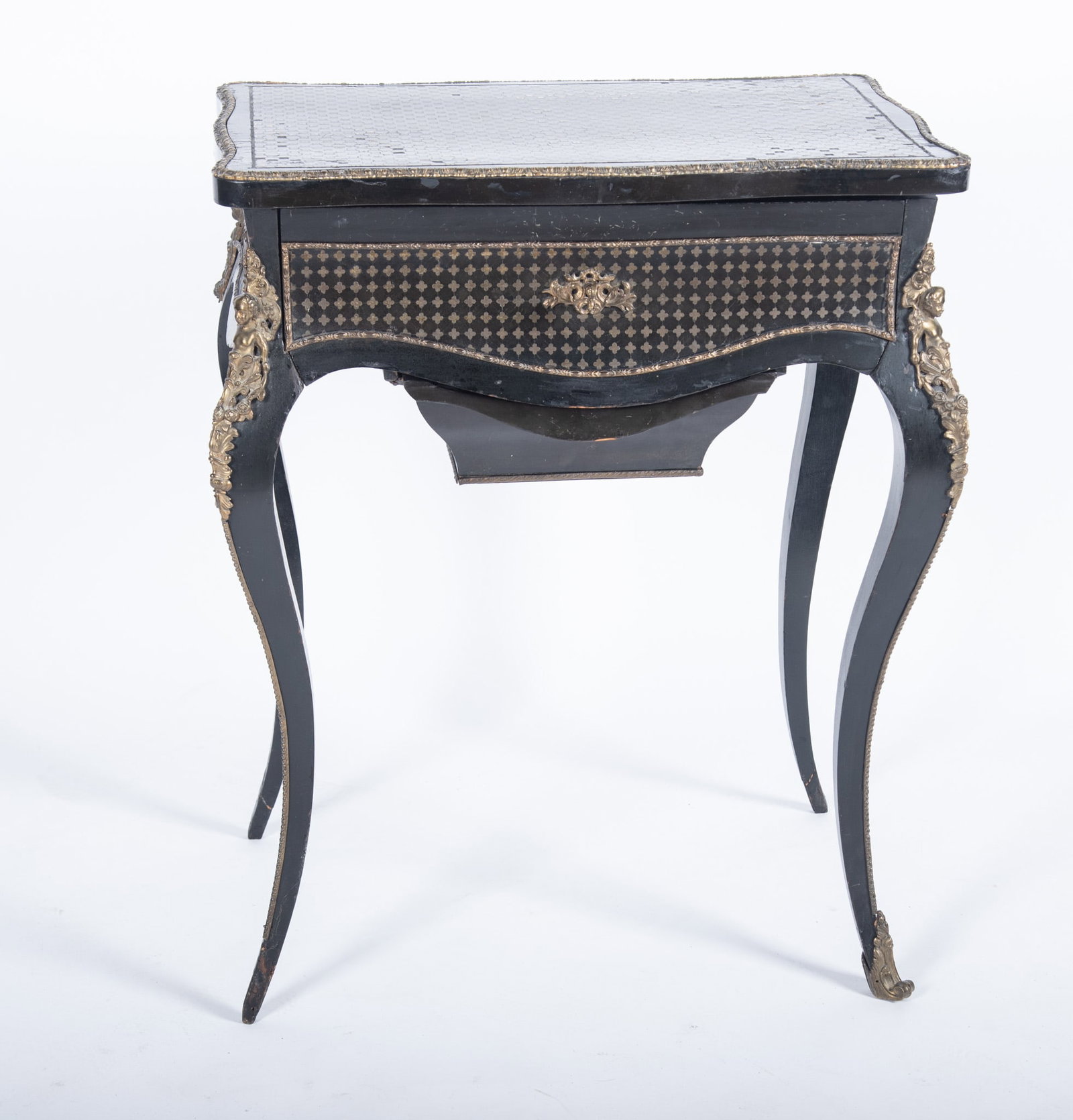 French Napoleon III Design Vanity: French Napoleon III Design Vanity The heavily inlaid serpentine top above matching frieze opening to show a mirror with gilt metal frame all above a single drawer and slide our storage drawer raised