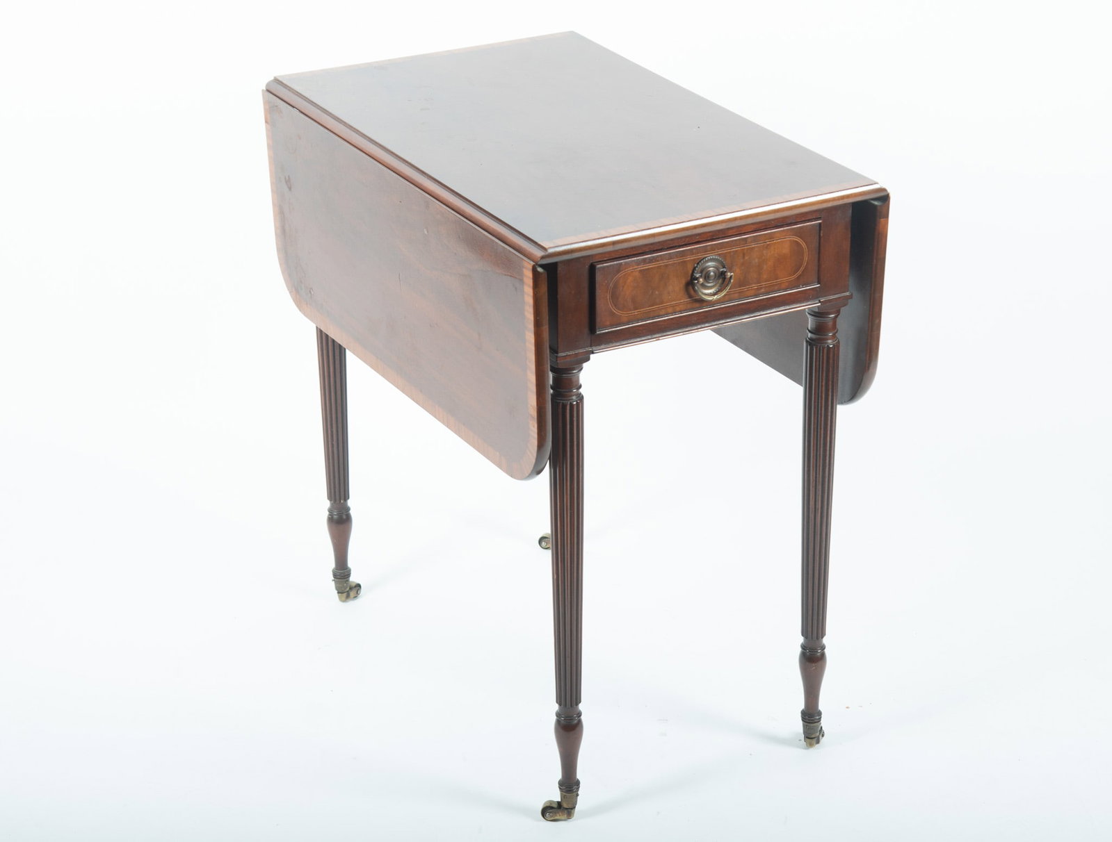 Semi Antique Sheraton Design Drop Leaf Pembrook Table: Semi Antique Sheraton Design Drop Leaf Pembrook Table The twin drop leaves with crossbanding above a single drawer bearing the tag Berkey and Gay all resting on reeded tapering and vasiform legs. 27 x