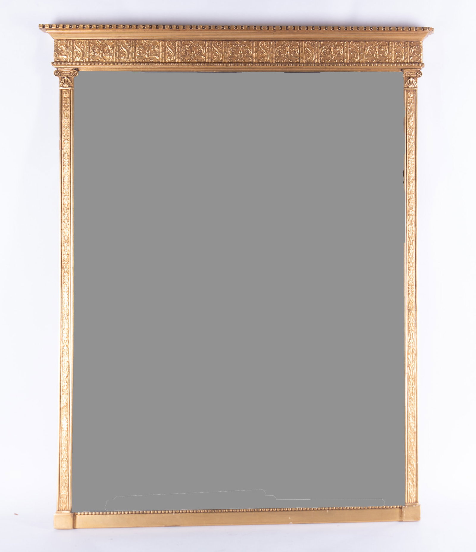 19th-Century Regency-Style Giltwood Wall Mirror: 19th-Century Regency-Style Giltwood Wall Mirror Featuring a Neoclassical frieze at the top, with a dolphin motif. 45 x 35 inches