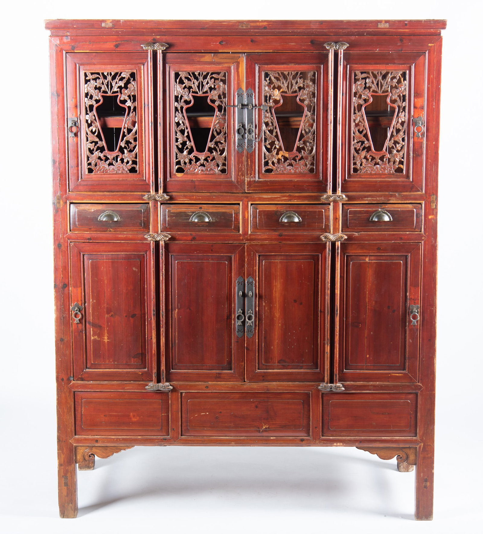Vintage Chinese Red Lacquer Cabinet: Vintage Chinese Red Lacquer Cabinet Having four reticulated top doors above four short drawers and four hinged doors below along with four inset panels raised on straight legs. 68 1/2 x 53 x 22 1/2