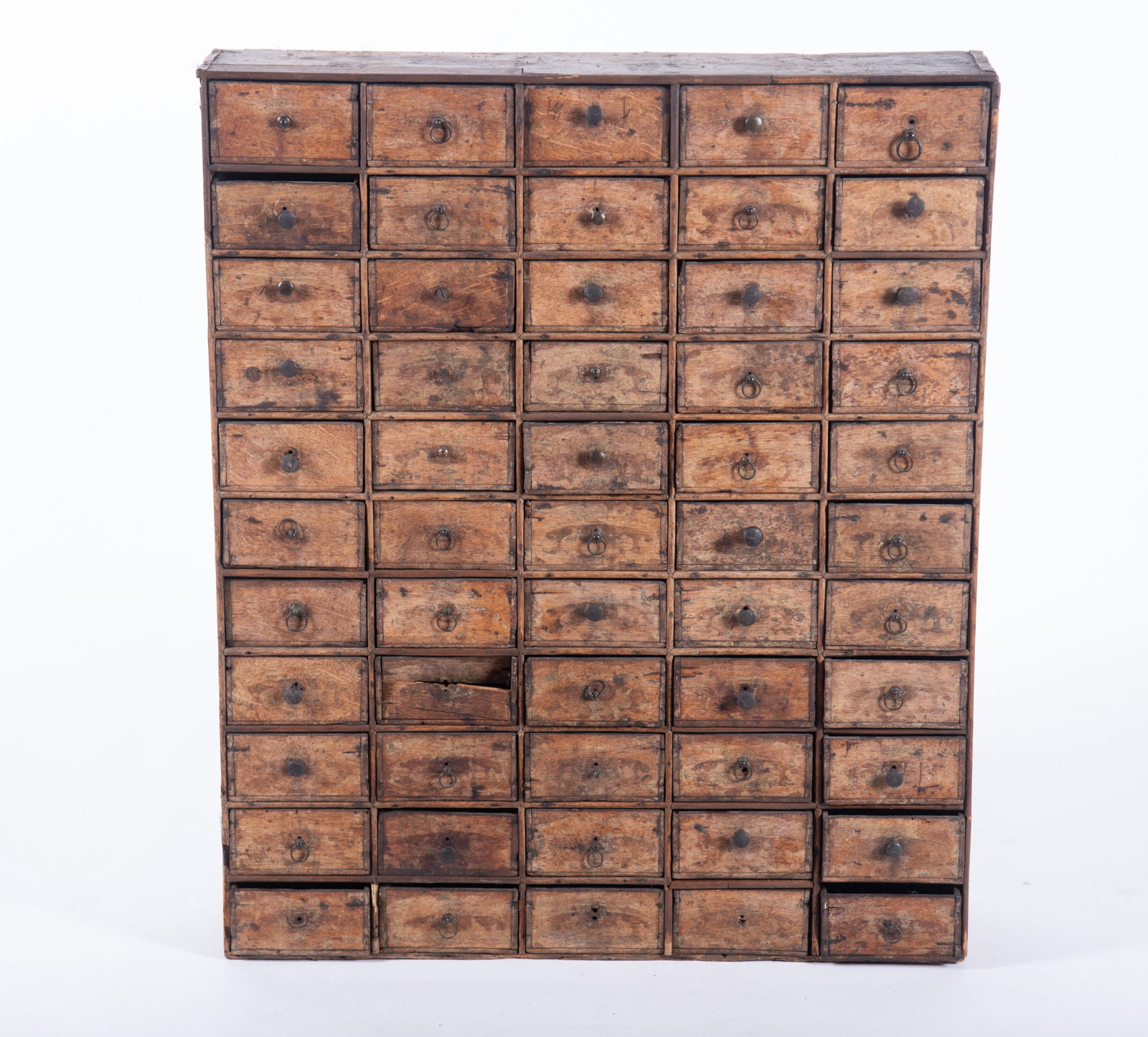 Antique Table Top Apothecary Chest: Antique Table Top Apothecary Chest Having fifty five individual short drawers with pulls. The case has a distressed patina with original paint. 36 1/2 x 30 x 7 inches