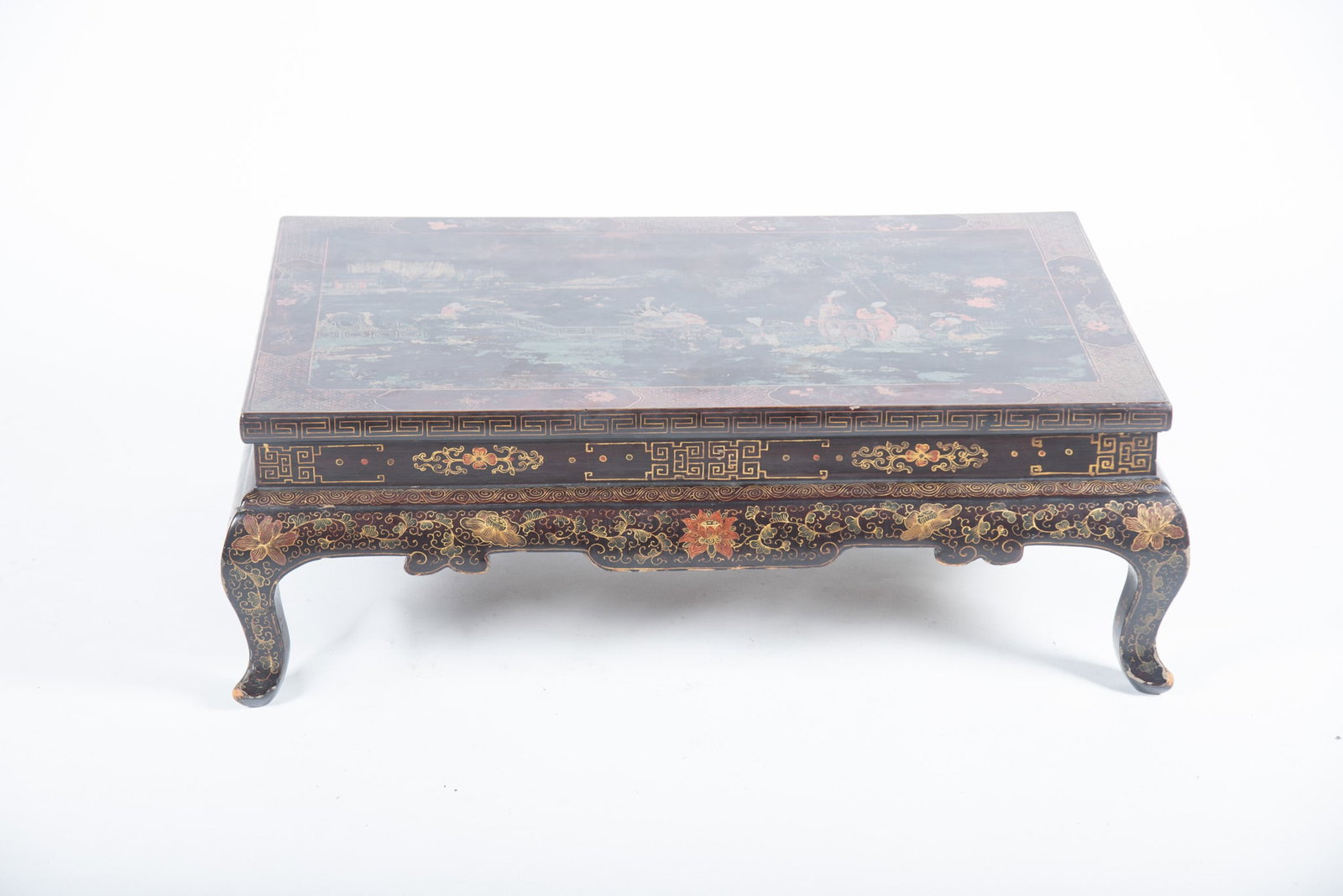 Semi Antique Chinese Low Table: Semi Antique Chinese Low Table The rectangular top showing an Asian figural exterior scene Above a Greek Key frieze and a pair of small drawers to each end and all around shaped apron on cabriole