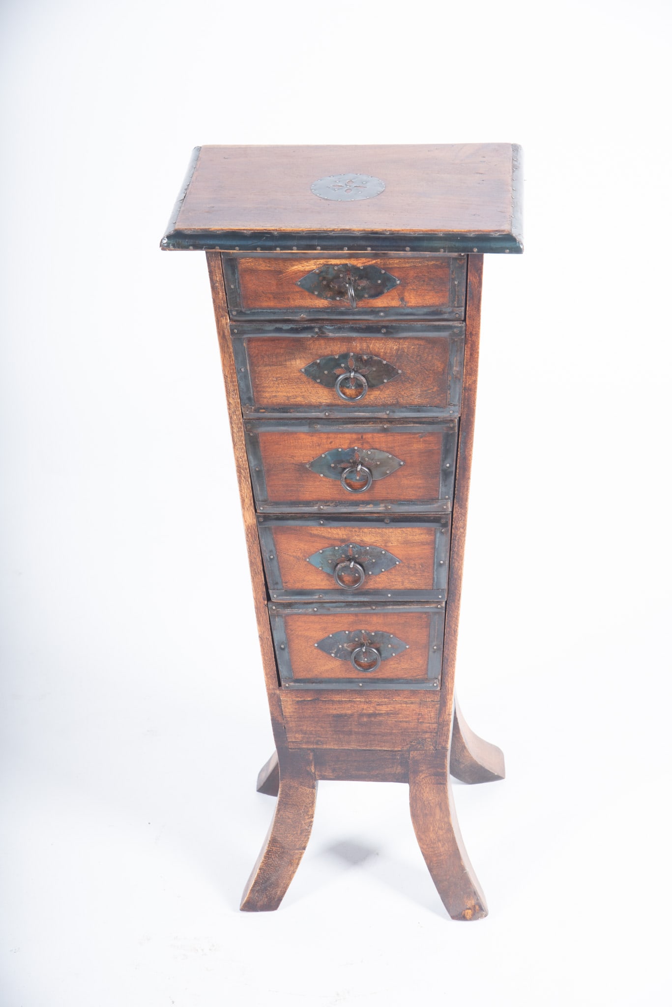 Chinese Tapering Small Chest with Brass Hardware: Chinese Tapering Small Chest with Brass Hardware Unusual tapered form with five drawers raised on outturned legs, the top bearing a sand dollar tacked metal decoration, the perimeter of the top, the