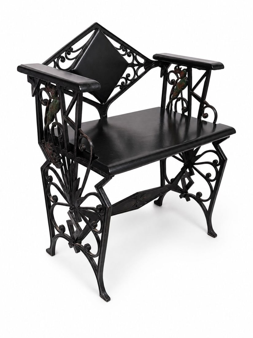 American Art Deco Cast Iron Bench with Cold-Painted Paradise Bird Motifs: American Art Deco Cast Iron Bench with Cold-Painted Paradise Bird Motifs American Art Deco cast iron bench featuring openwork geometric back with central diamond medallion, stylized cold-painted