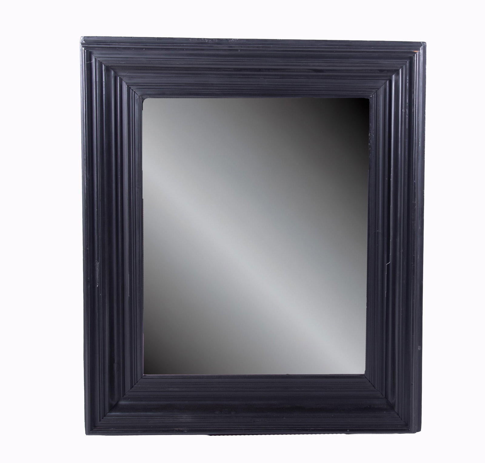 Antique Large Beveled Edge Wall Mirror: Antique Large Beveled Edge Wall Mirror Stepped frame painted black in rectangular form. 41 x 47 1/2 inches
