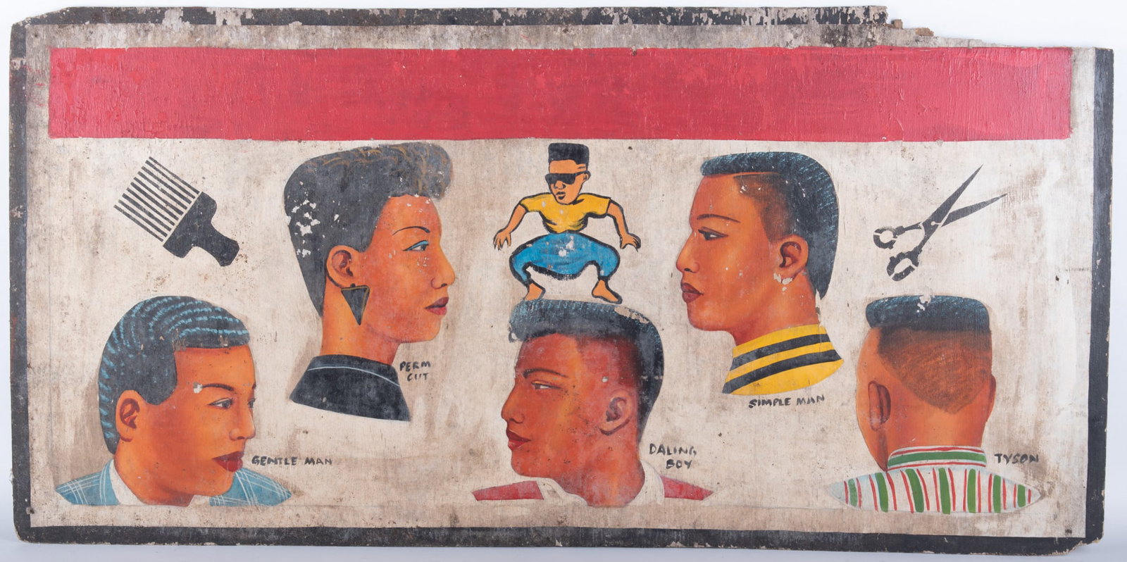Barbershop Sign from East Africa: Barbershop Sign from East Africa Hand-painted sign on plywood showing various African hairstyles and barbershop tools 24 x 48 inches