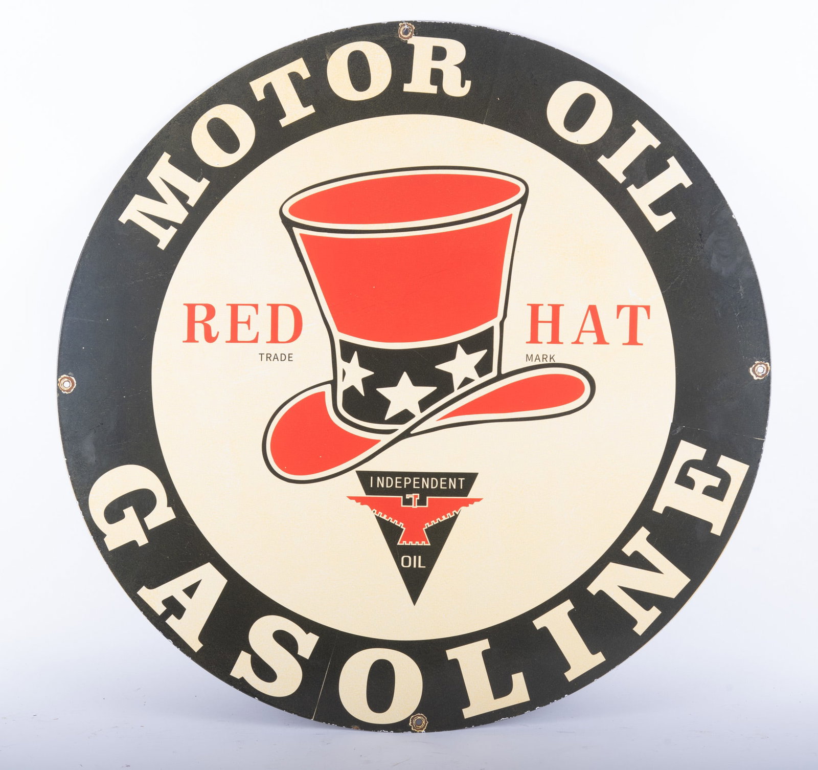 Vintage Red Hat Motor Oil Gasoline Sign: Vintage Red Hat Motor Oil Gasoline Sign Porcelain enamel on metal, "Red Hat, Motor Oil, Gasoline" 31 1/2 inch diameter