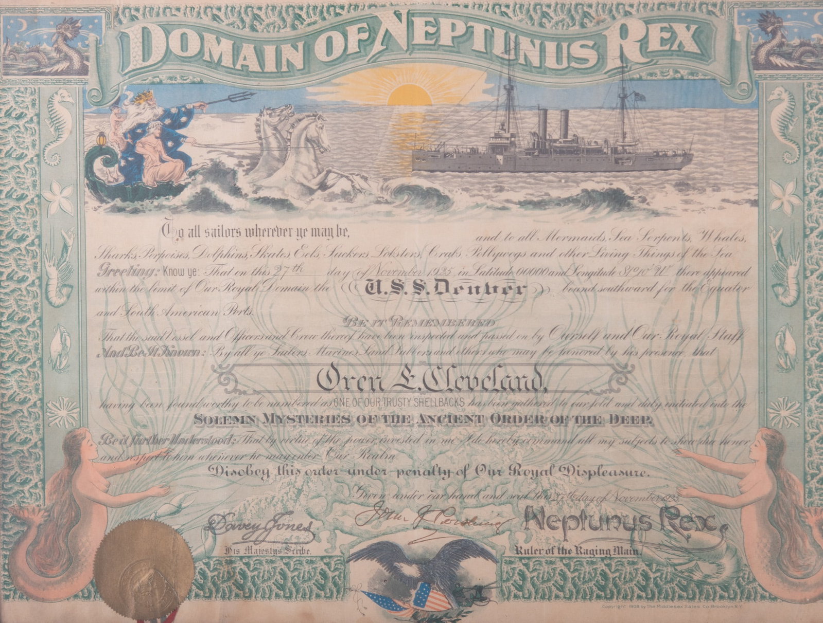Shellback Certificate for Crossing the Equator in 1925, signed by General John J. "Black Jack": Shellback Certificate for Crossing the Equator in 1925, signed by General John J. "Black Jack" Pershing framed. 17 x 22 inches (overall with frame)