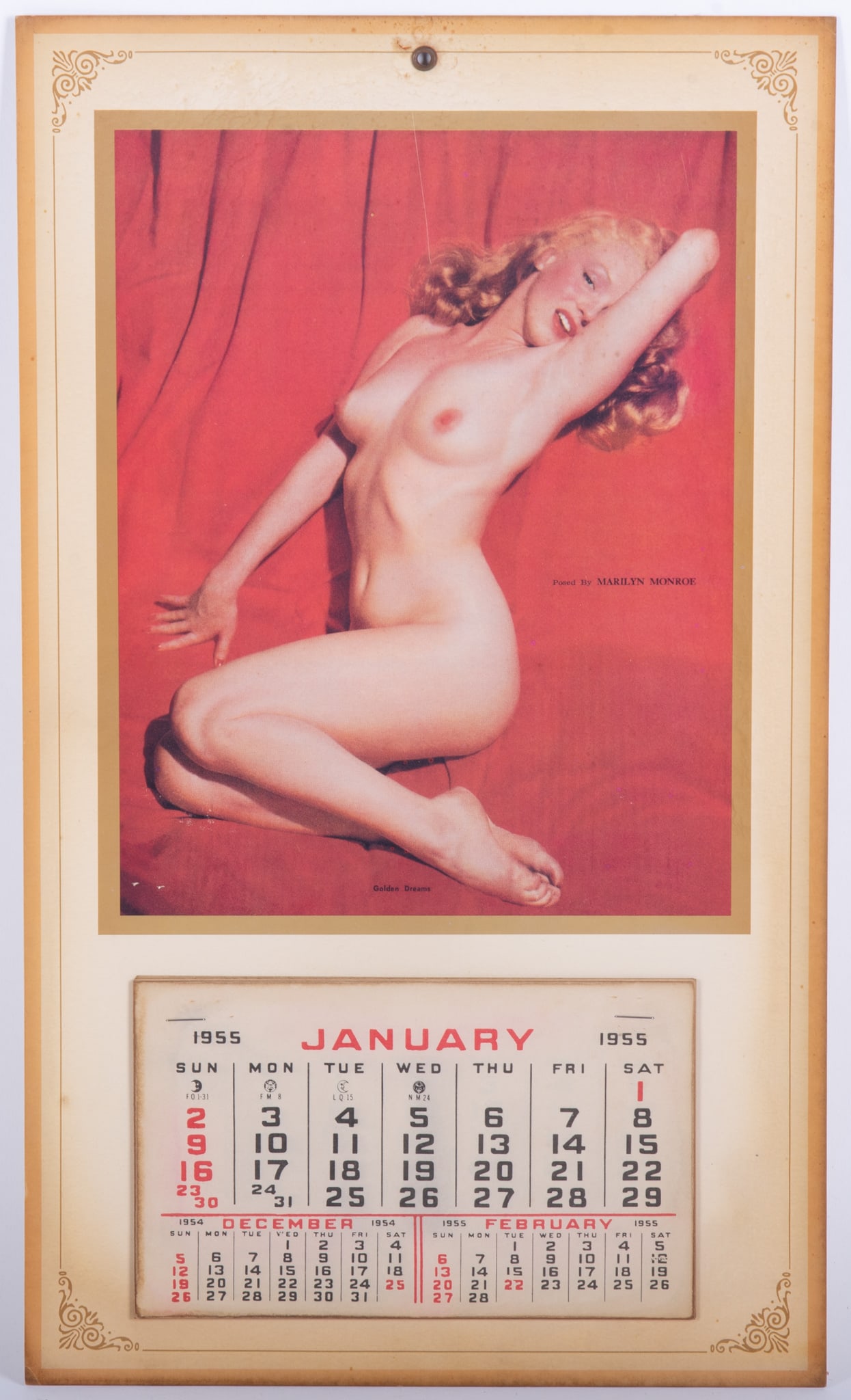 Marilyn Monroe Calendar Page, January 1955, Golden Dreams: Marilyn Monroe Calendar Page, January 1955, Golden Dreams This calendar page features the iconic photo of Marilyn Monroe taken by Tom Kelly, Sr. Whole calendar, unused, vintage. 17 x 10 inches
