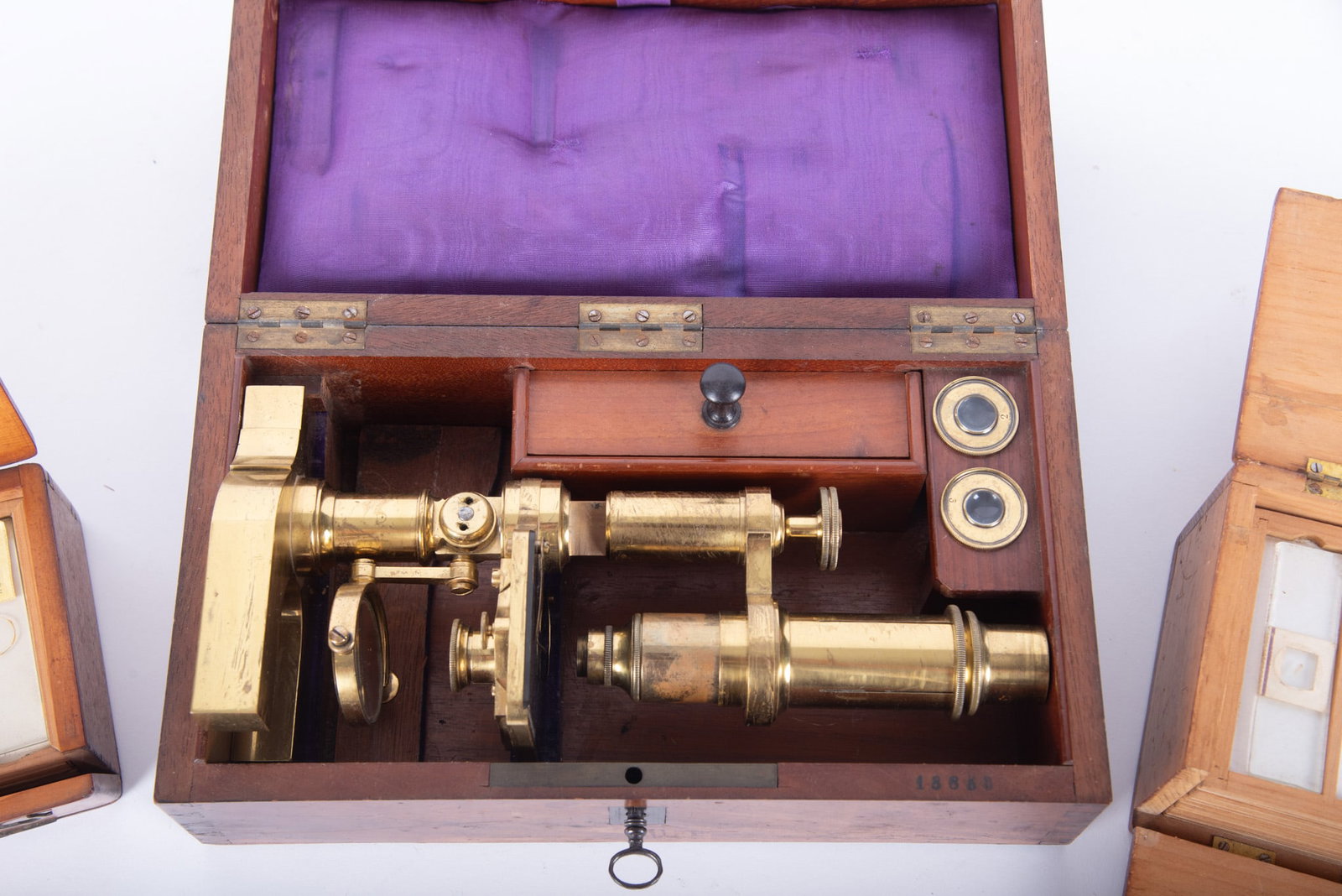 19th Century Solid Brass Microscope with Case along with Two Slide Cases - 2