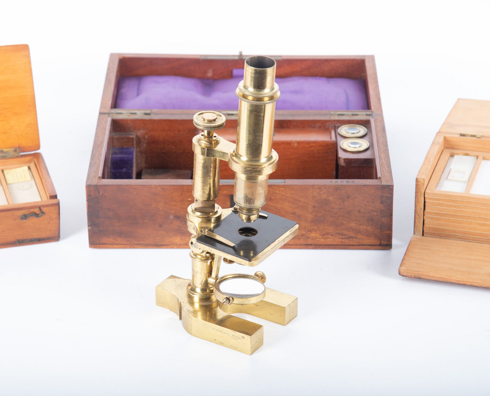 19th Century Solid Brass Microscope with Case along with Two Slide Cases - 4