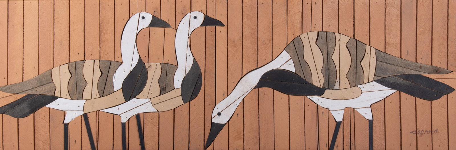 Theodore DeGroot, Dutch/American (1920-2019), Migrating Birds, painted wood: Theodore DeGroot Dutch/American, (1920-2019) Migrating Birds painted wood signed lower right, framed 16 5/8 x 47 3/4 inches