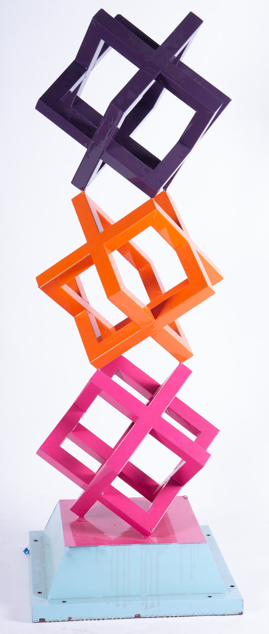 Modern Multi Colored Stack Cube sculpture: Modern Multi Colored Stack Cube sculpture painted in shades of blue, pink, orange, and purple. 74 x 27 x 27 inches