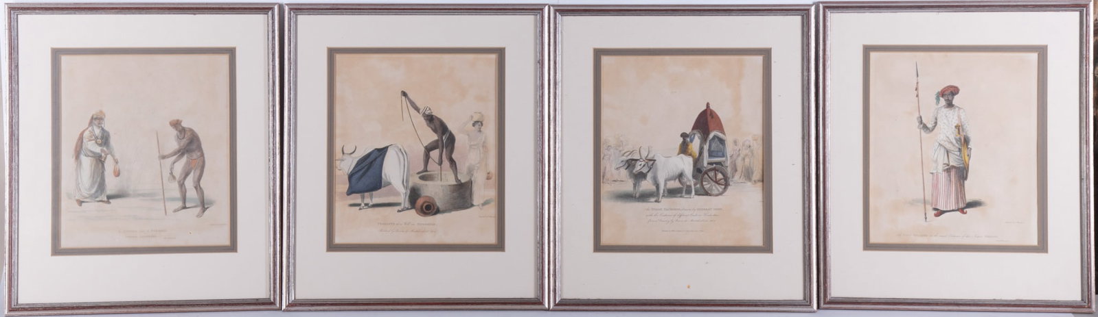 James Forbes, (1749-1819), A Foot Soldier in the Usual Costume of the Native Indians; An Indian: James Forbes (1749-1819) A Foot Soldier in the Usual Costume of the Native Indians; An Indian Hackeree drawn by Guzerat Oxen; Peaasants at a Well in Hindostan; and A Jungam and a Byragee four 18th