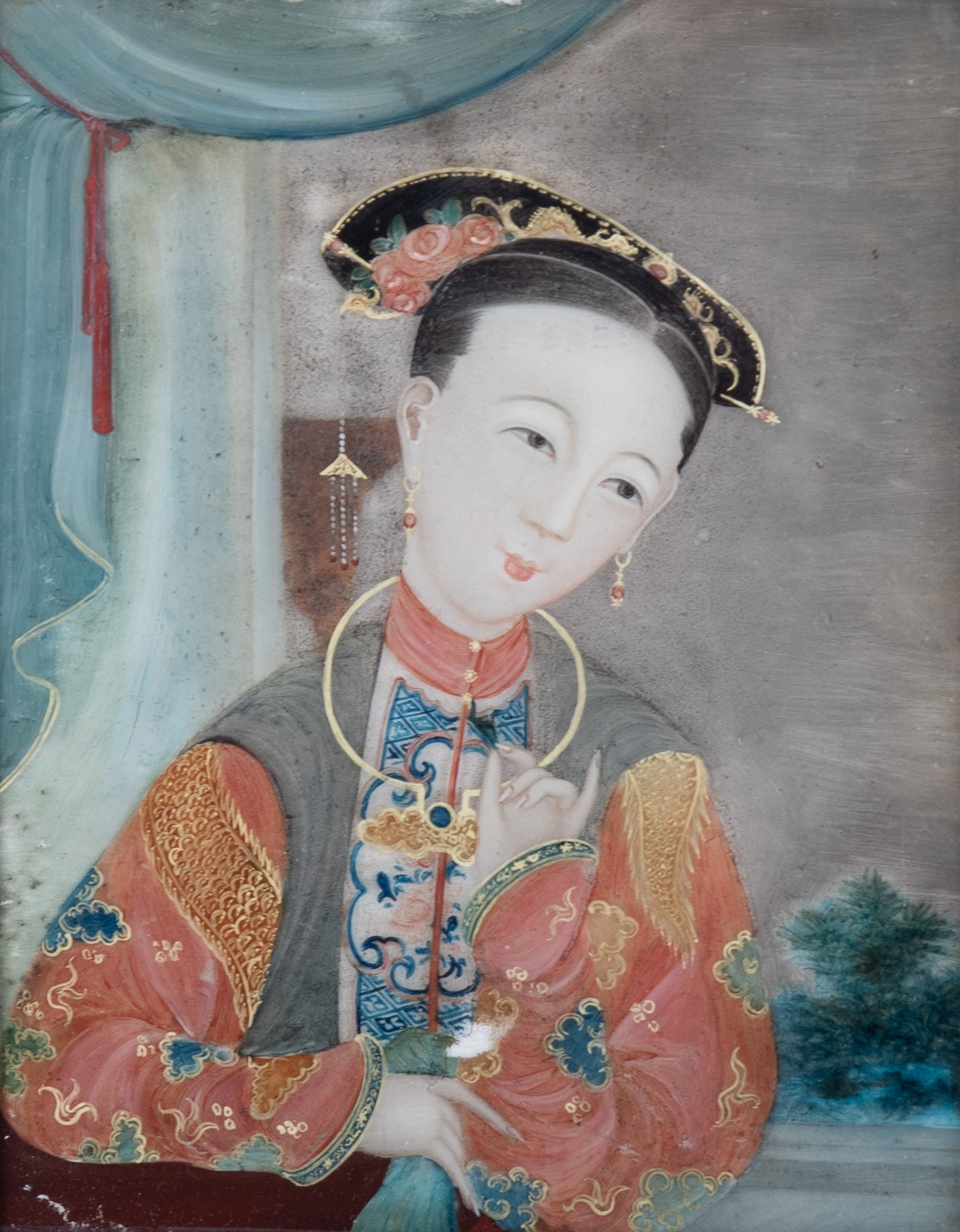 Chinese Reverse Painting on Glass, circa 1850: Chinese Reverse Painting on Glass, circa 1850 Portrait of an elegant woman, framed. 13 1/2 x 11 1/2 inches