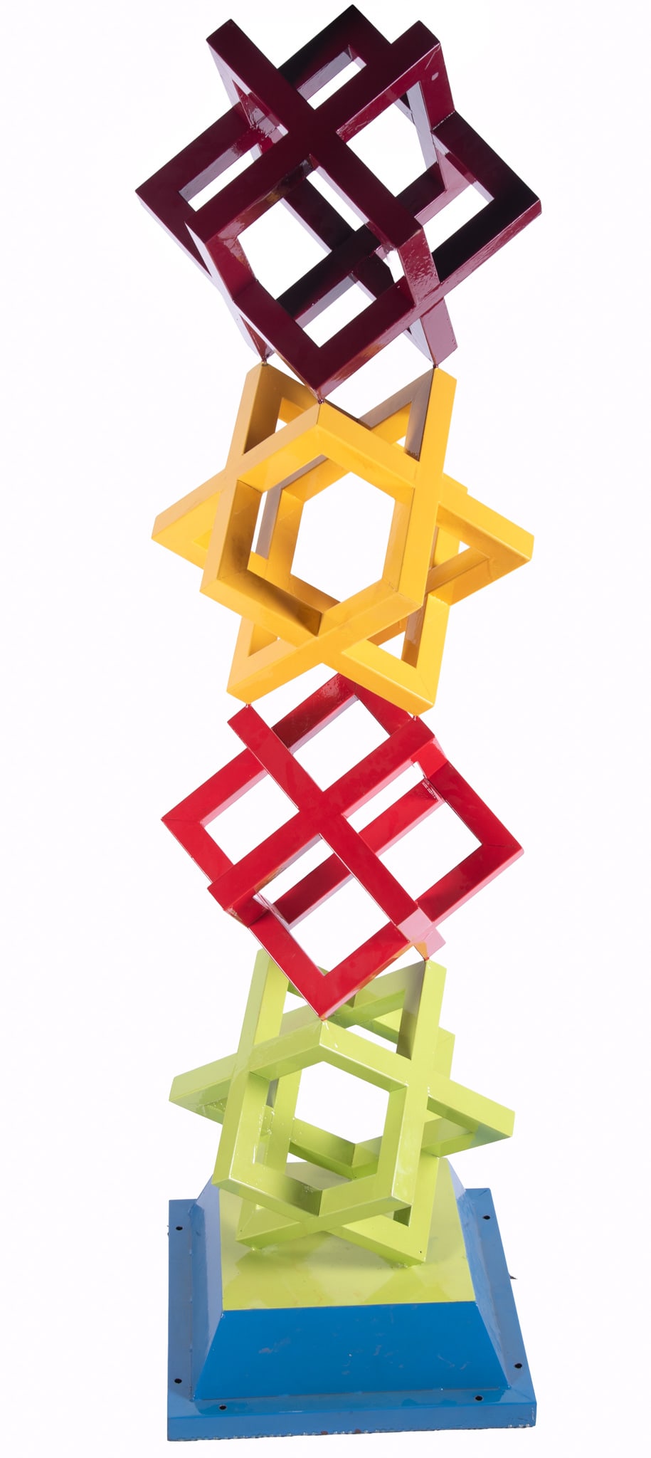 Modern Multi Colored Stack Cube Sculpture: Modern Multi Colored Stack Cube Sculpture painted in shades of blue, green, red, and yellow. 89 x 27 x 27 inches