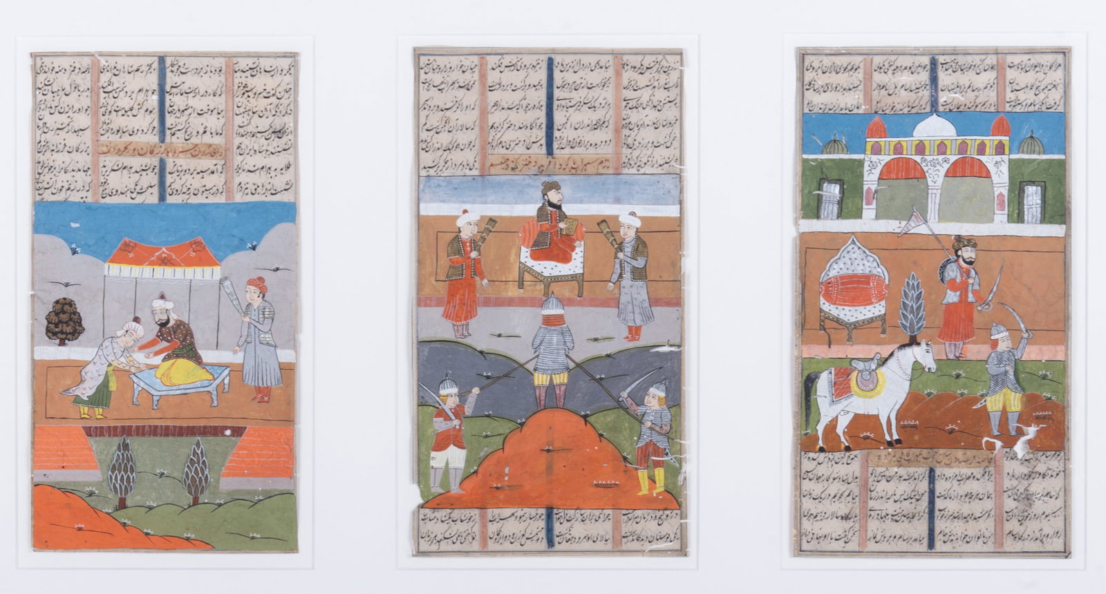 Three Early Illuminated Mughal Manuscript Pages: Three Early Illuminated Mughal Manuscript Pages The scenes depict a man preparing for battle, gouache and ink on paper, mounted as a triptych in one frame.