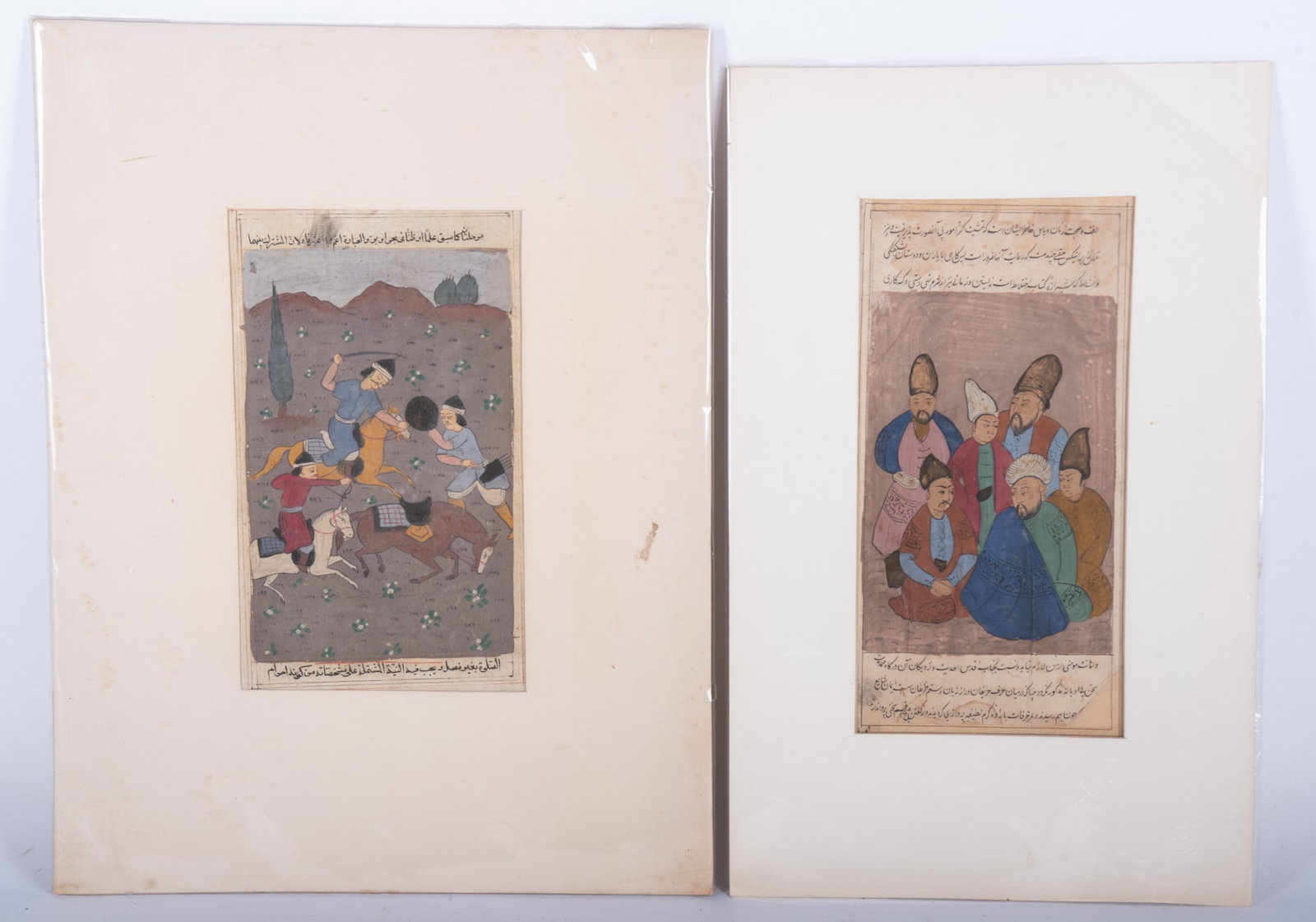 Two Antique Persian Illuminated Manuscript Pages: Two Antique Persian Illuminated Manuscript Pages Watercolor and ink on paper, one depicting six seated men, and the second, an Archer and Swordsman, matted, unframed. 10 1/4 x 5 inches (16 x 10 inches