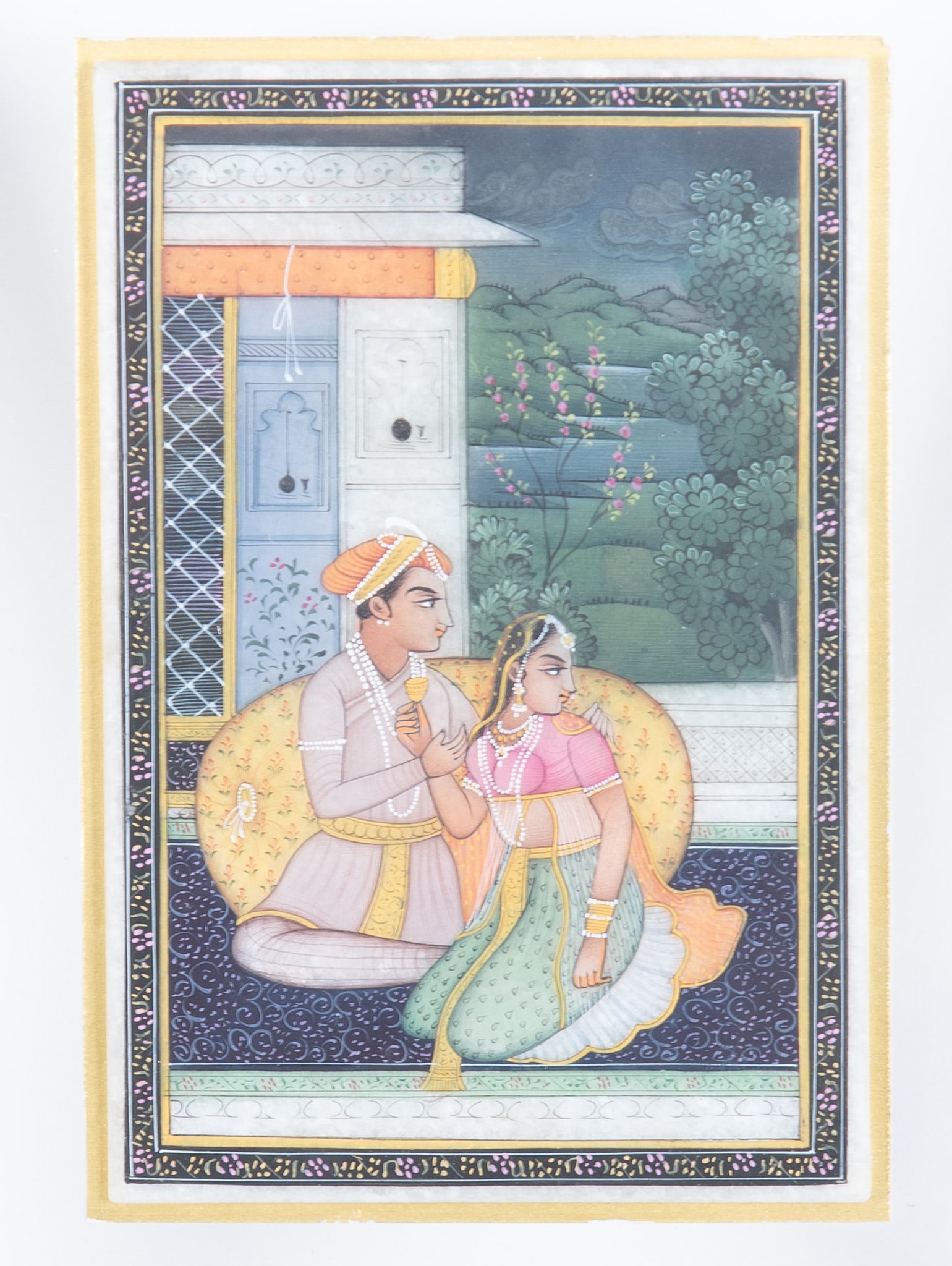 Indian Mughal Gouache Miniature Painting: Indian Mughal Gouache Miniature Painting Depicting an amorous couple, gilt highlights, gilt-framed, and in a black velvet-lined case. painting measures 5 3/4 x 3 3/4 inches; 12 1/2 x 10 1/4 inches