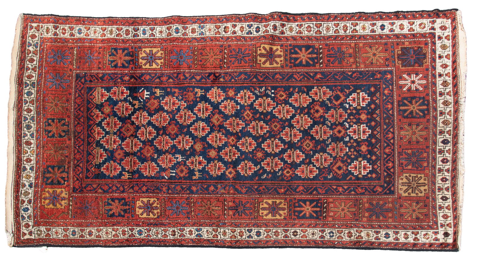 Handwoven Persian Hamadan Area Rug: Handwoven Persian Hamadan Area Rug Blue field with repetitive geometric and diamond form pattern centering a ;large primary border with floral and block designs. 7' x 3' 10"