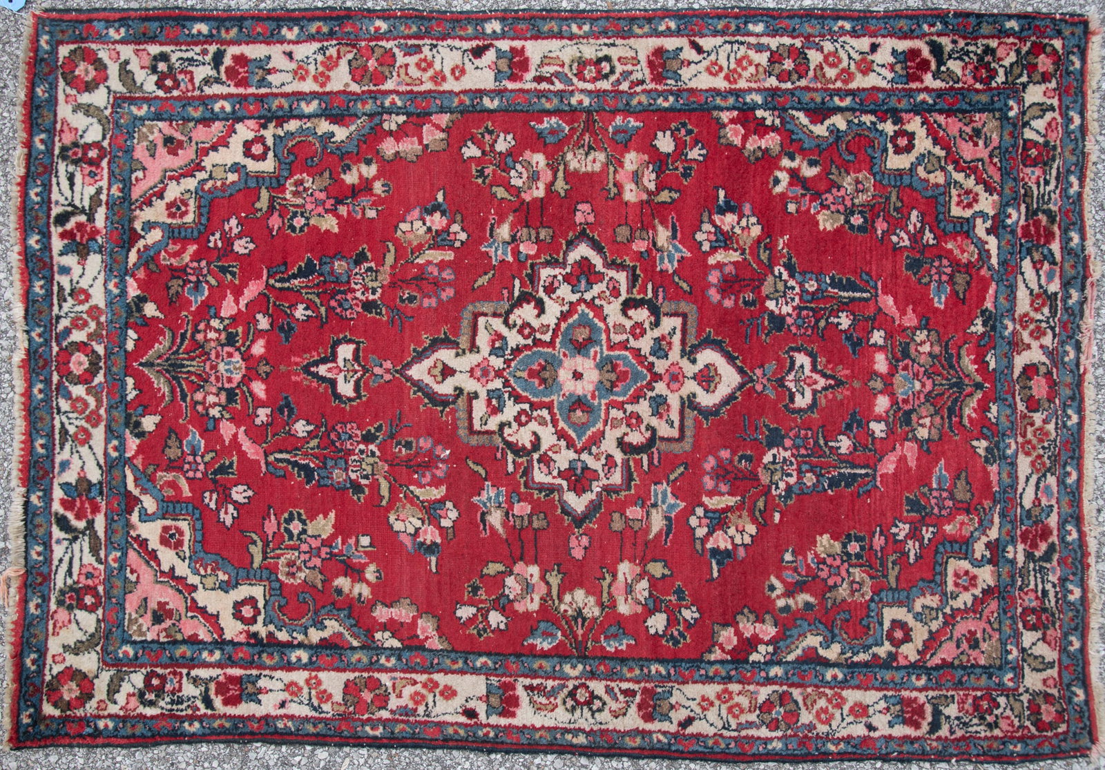 Handwoven Persian Malayer Throw Rug: Handwoven Persian Malayer Throw Rug Red field with central shaped medallions and all over floral designs with spandrels centering an ivory border and guard borders. 3' 7" x 5' 1"