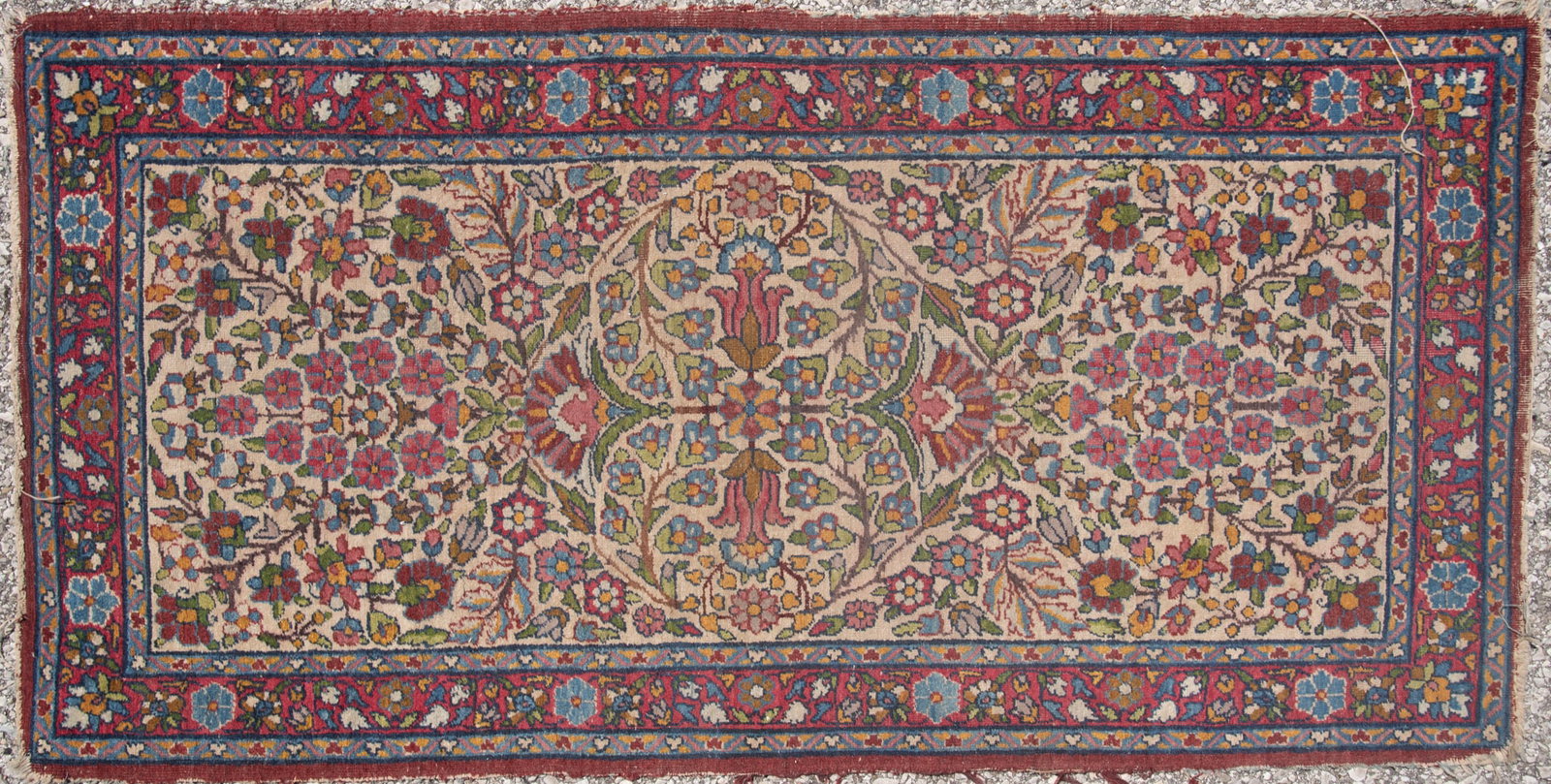 Antique Persian Kerman Area Rug: Antique Persian Kerman Area Rug All over floral pattern on a ivory shaded field centering a primary border and guard borders. 2' x 4'