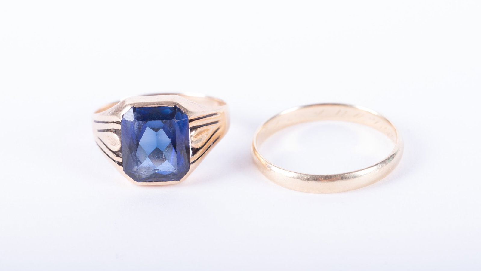 Gentleman's 14K Yellow Gold Ring with Synthetic Sapphire Stone together with 14K Yellow Gold Band (1 of 2)