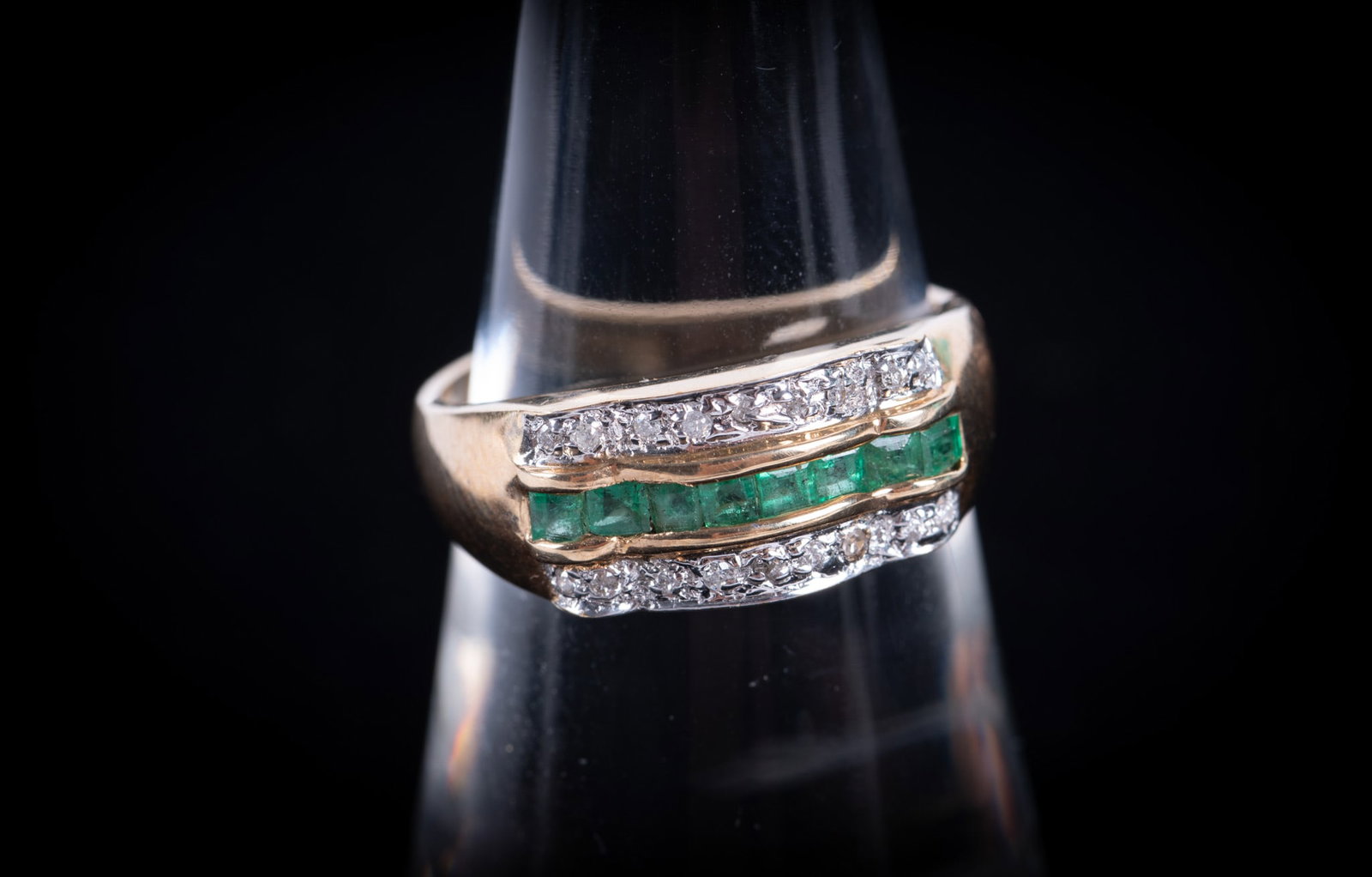 14K Yellow Gold Emerald Diamond Ring: 14K Yellow Gold Emerald Diamond Ring This is a great ring to stack or wear alone. The emerald weight is .44CTW and the diamonds are .07CTW. Ring size is 7 and the weight including stones is 3.6g.