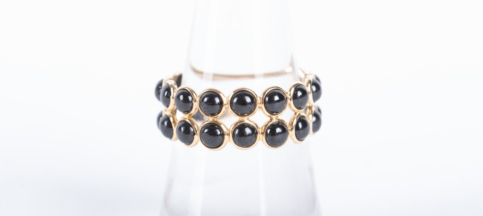 18K Yellow Gold Black Spinel Double Stack Band Ring: 18K Yellow Gold Black Spinel Double Stack Band Ring The ring size is 9 and the weight including stones is 3.1g