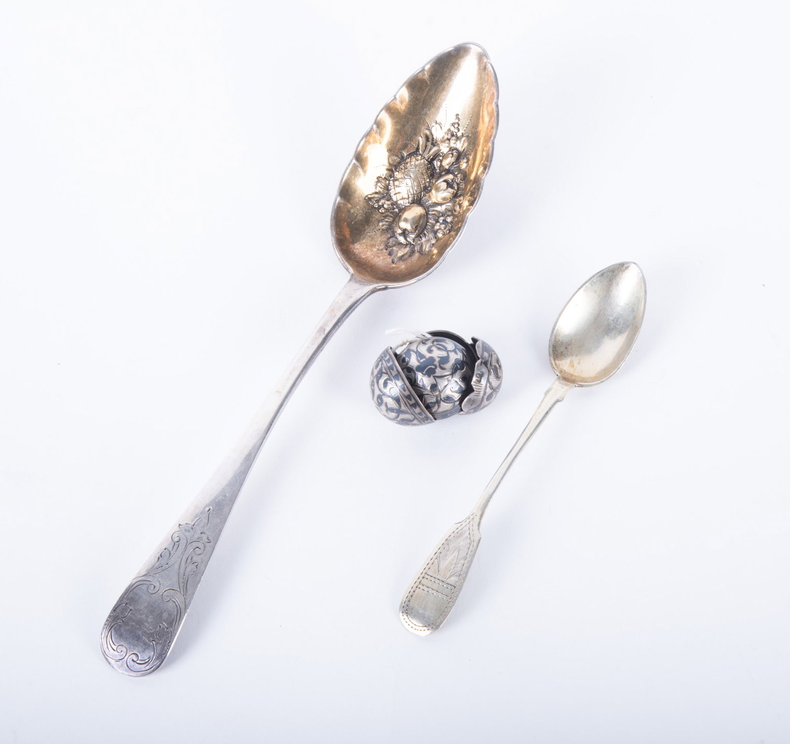 Two Russian Silver Spoons and Four Russian Niello Silver Buttons (1 of 3)