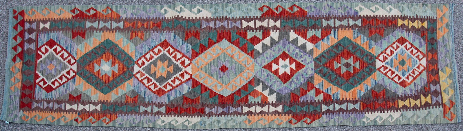 Handwoven Kilim Runner: Handwoven Kilim Runner Repetitive diamond pattern in gold, green, red and green 2' 8" x 9'