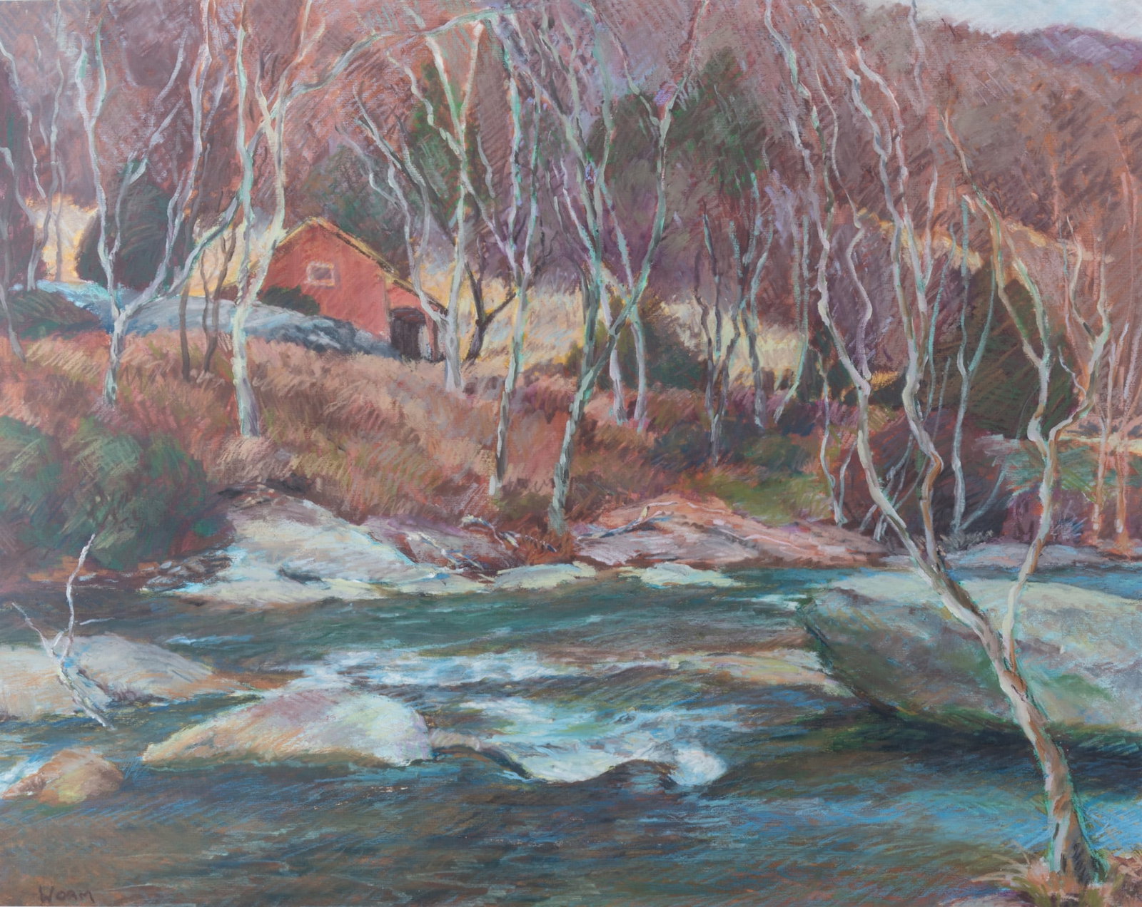 Kate Worm, American (b. 1945), Winter Scene with Cabin by a River, pastel (1 of 4)