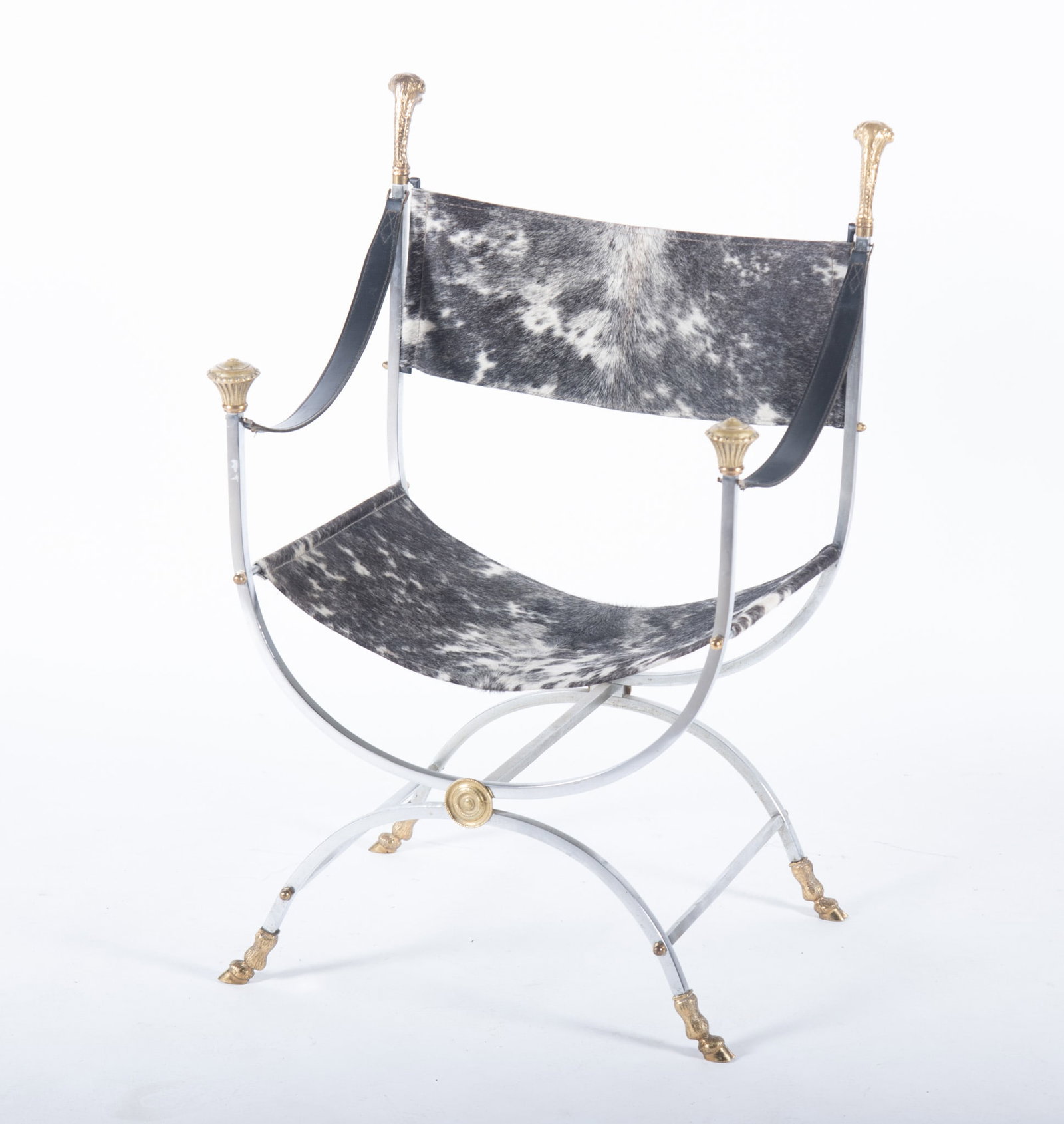 Neoclassical Style Cerule Chair, Maison Jansen Style: Neoclassical Style Cerule Chair, Maison Jansen Style Hide Upholstery sling back centering a pair of gilt metal rams heads with strapped arm rest and gilt metal urn form highlights all above a matching