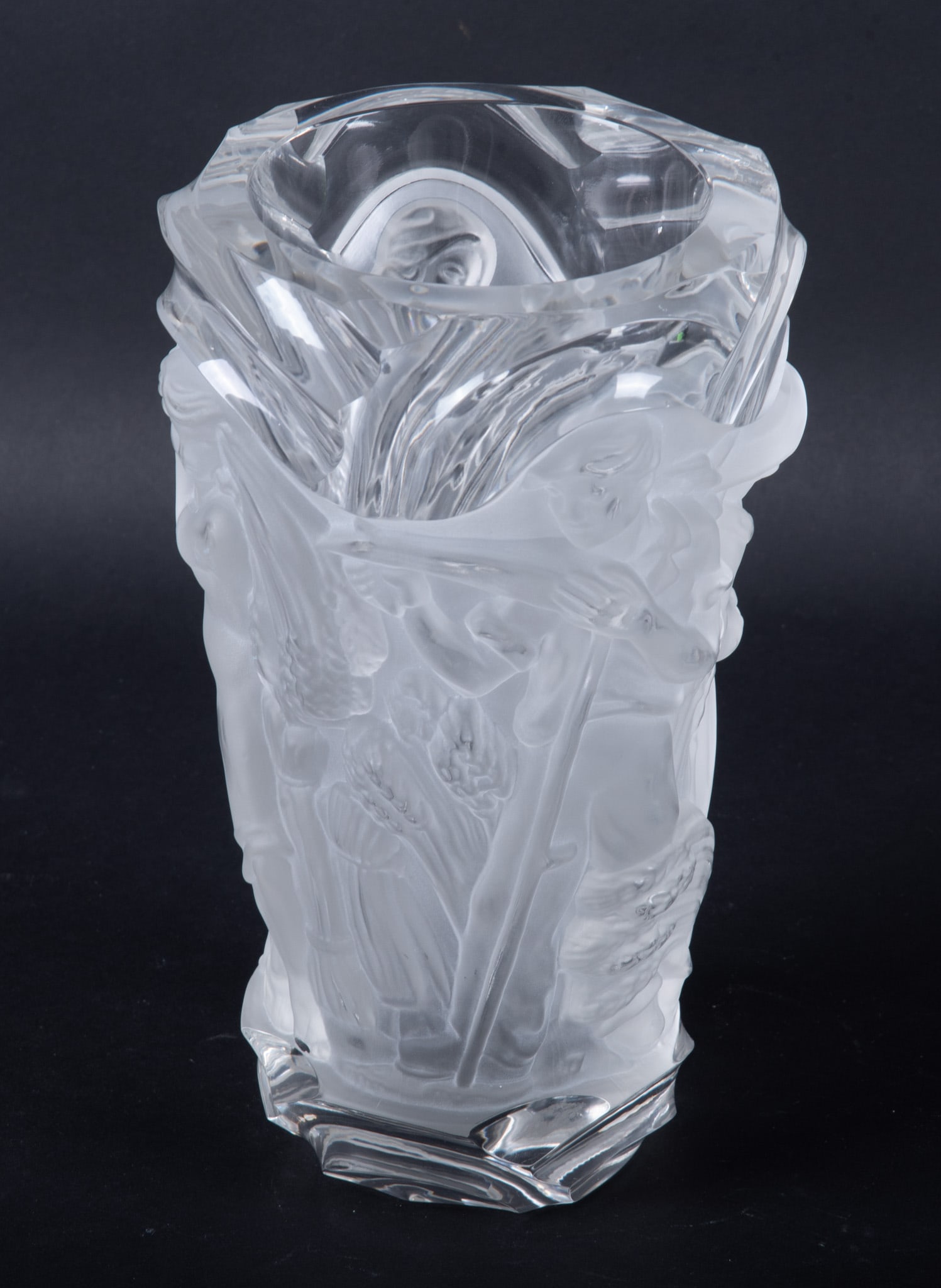 A Bohemian Clear and Frosted Harvest Vase, Rudolf Hlousek: A Bohemian Clear and Frosted Harvest Vase, Rudolf Hlousek Czechoslovakia, the tapering vase depicting workers in a field detailed in frosted glass. Designed by Rudolf Hlousek, base with spurious R. La
