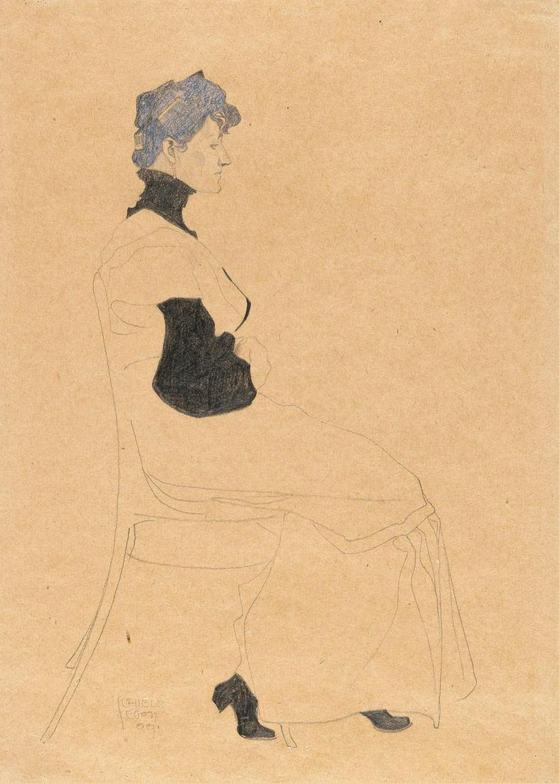 Egon Schiele (1890 - 1918): Egon Schiele - Dame im Profil, auf einem Stuhl sitzend (Lady in profile sitting in a chair) Coloured pencil and pencil on brown tinted paper. (19)09. C. 45.5 x 32 cm. Signed and dated lower left. Arti