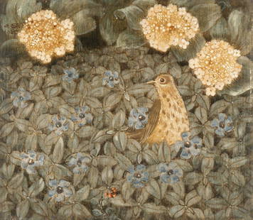 Edmund Steppes (1873 - 1968): Edmund Steppes - Holundervogel (Bird amid elderflower) Casein tempera with white tempera on panel. 1925. C. 25 x 35 cm. Monogrammed and dated upper left. With a dedication to the artist's daughter on