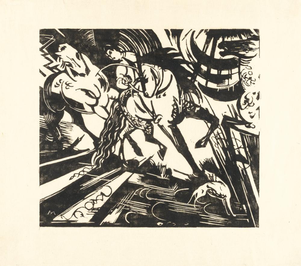Franz Marc (1880 - 1916): Franz Marc - Reitschule nach Ridinger (Riding school heading to Ridinger) Woodcut on fine Japon. (1913). C. 26.5 x 29.5 cm (sheet size c. 37 x 41 cm). Presumably a copy from the first edition of at le