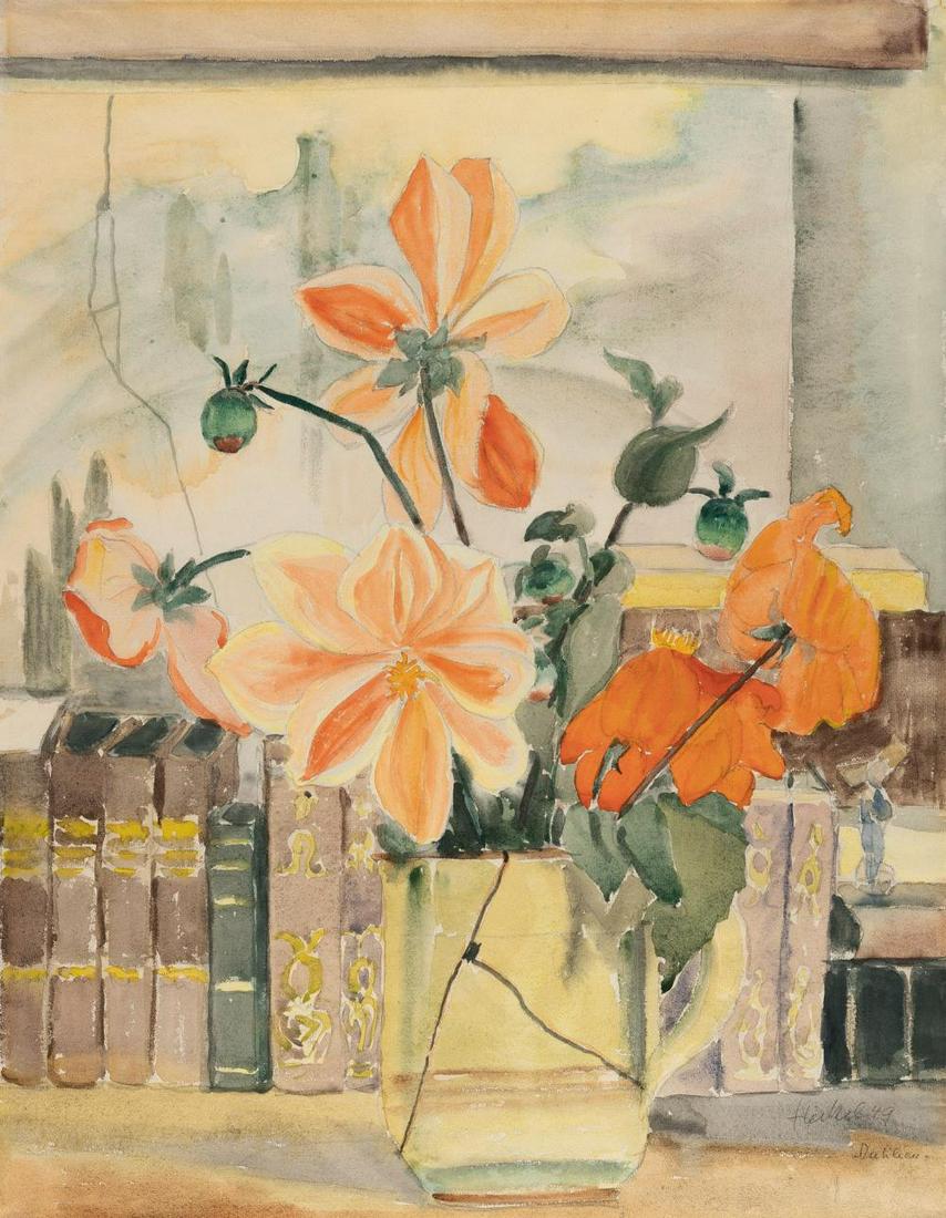 Erich Heckel (1883 - 1970): Erich Heckel - „Dahlien“ (“Dahlias”) Watercolour and pencil on laid paper. (19)49. C. 61.5 x 48 cm. Signed, dated and titled lower right. We are thankful to Hans Geissler and Renate Ebner of t
