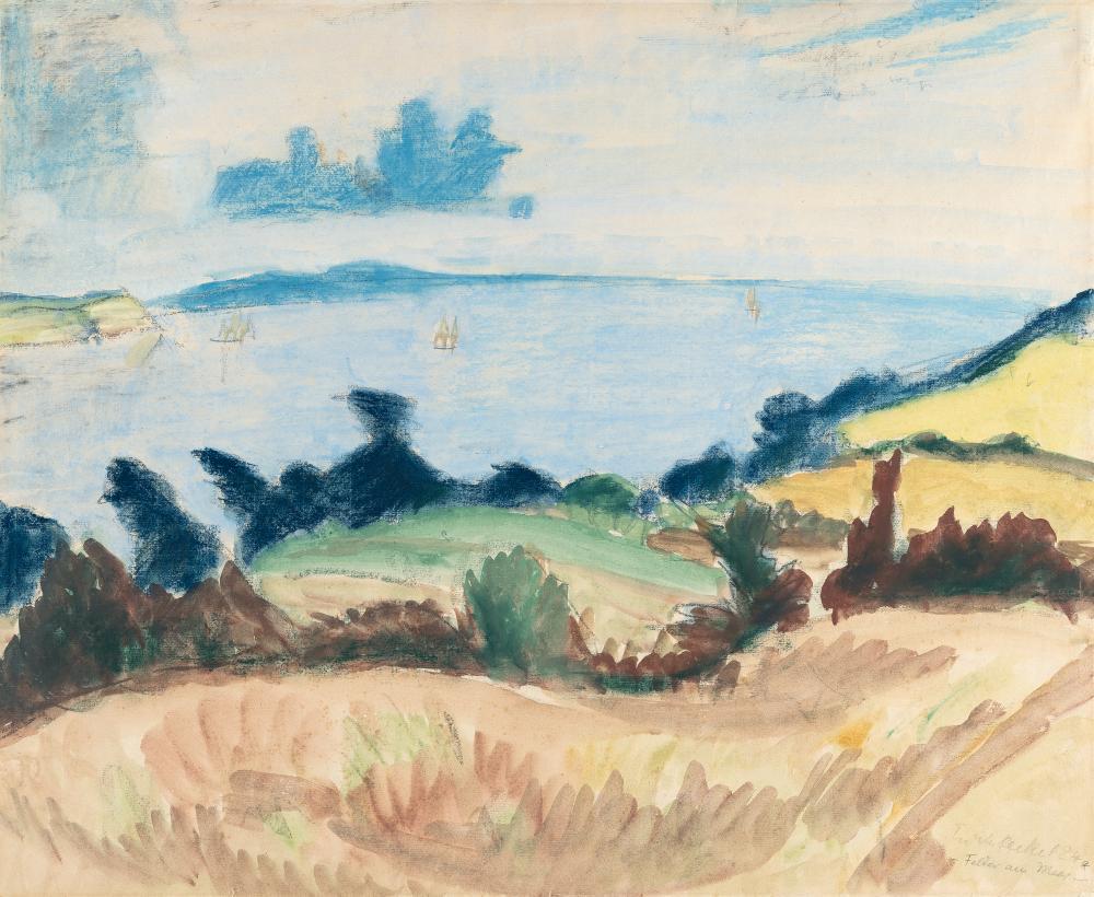 Erich Heckel (1883 - 1970): Erich Heckel - „Felder am Meer“ (“Fields by the sea”) Watercolour, chalk pastel in colours and pencil on laid paper watermarked “Bergisch Gladbach”. (19)24. C. 51 x 62.5 cm. Signed, dated,